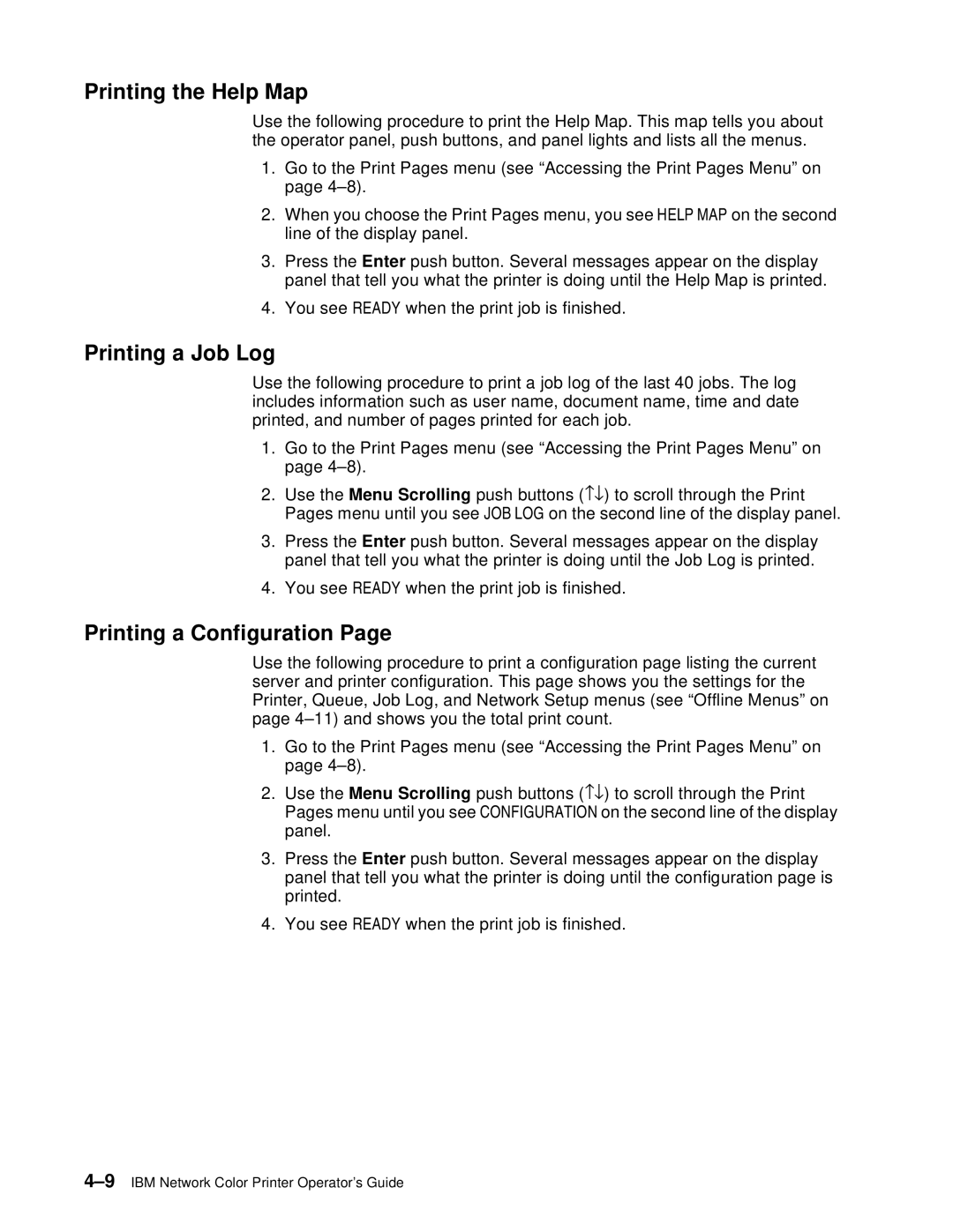 IBM S544-5361-01 quick start Printing the Help Map, Printing a Job Log, Printing a Configuration 