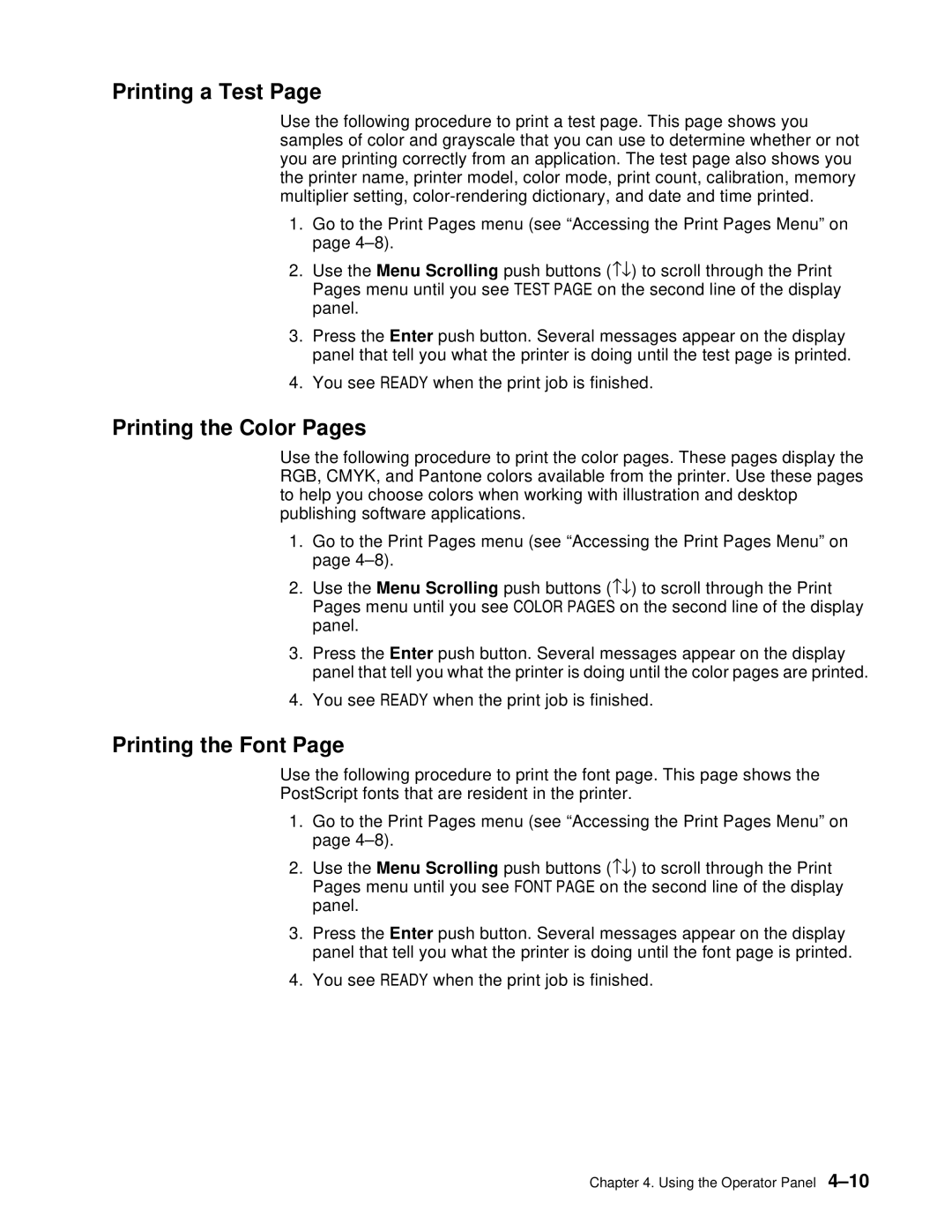 IBM S544-5361-01 quick start Printing a Test, Printing the Color Pages, Printing the Font 