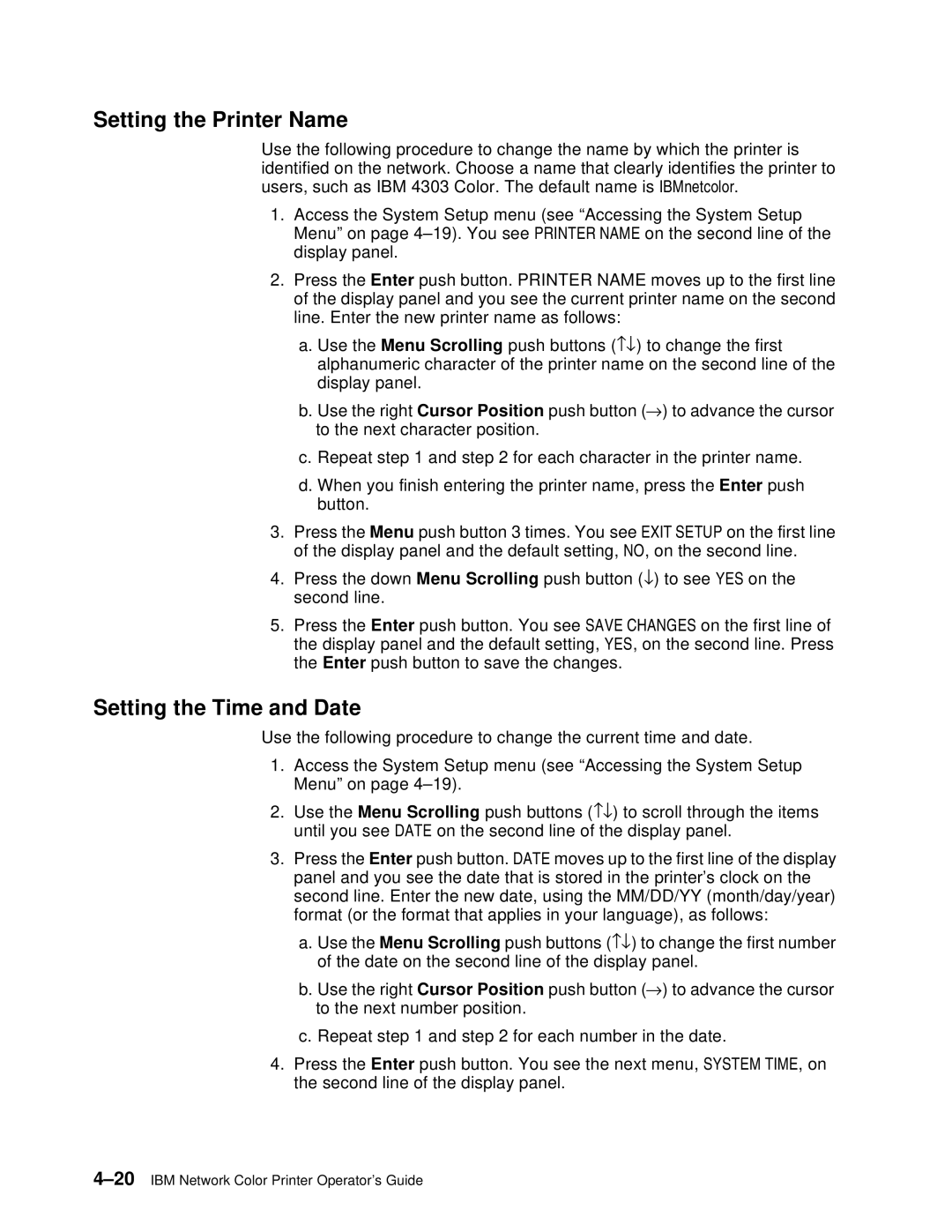 IBM S544-5361-01 quick start Setting the Printer Name, Setting the Time and Date 