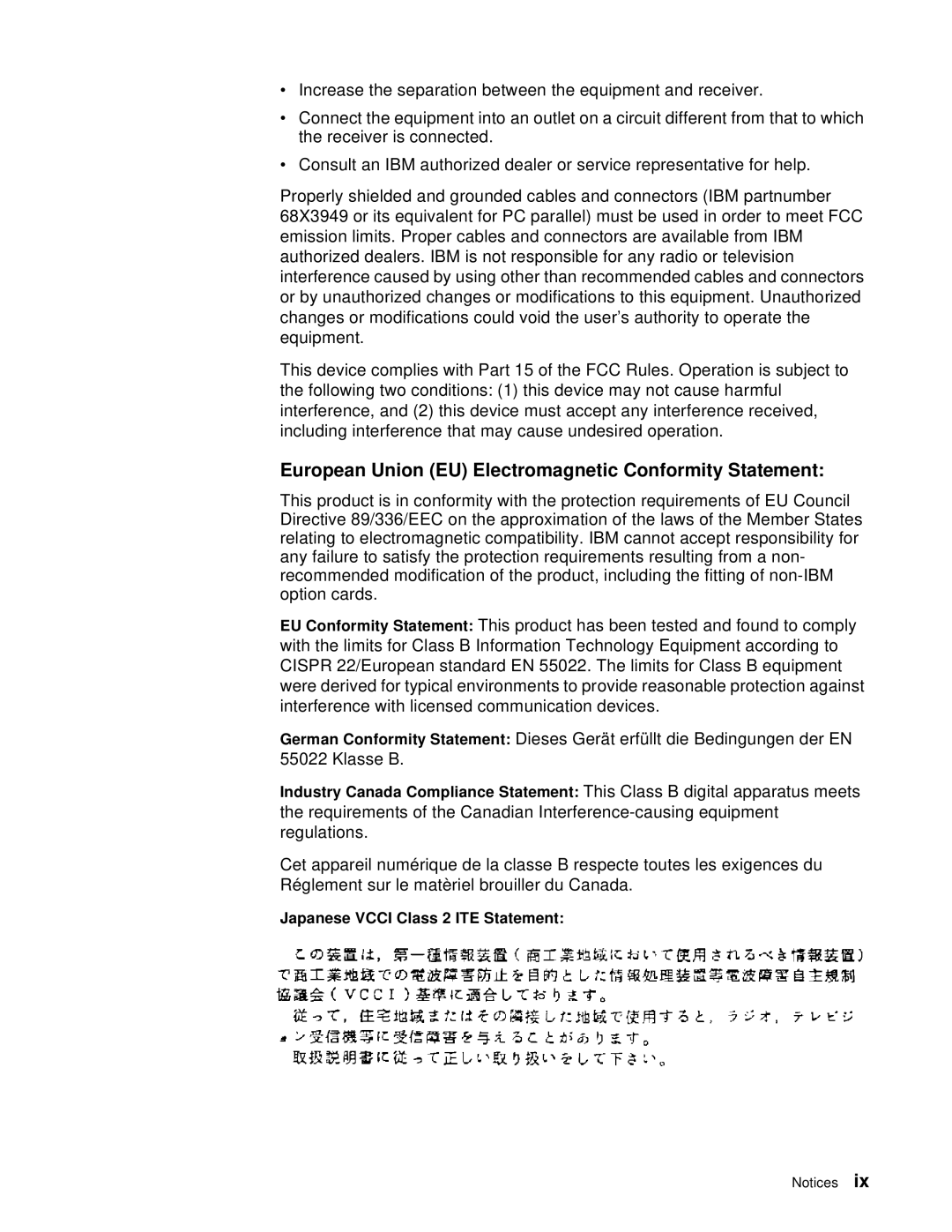 IBM S544-5361-01 quick start European Union EU Electromagnetic Conformity Statement, Japanese Vcci Class 2 ITE Statement 