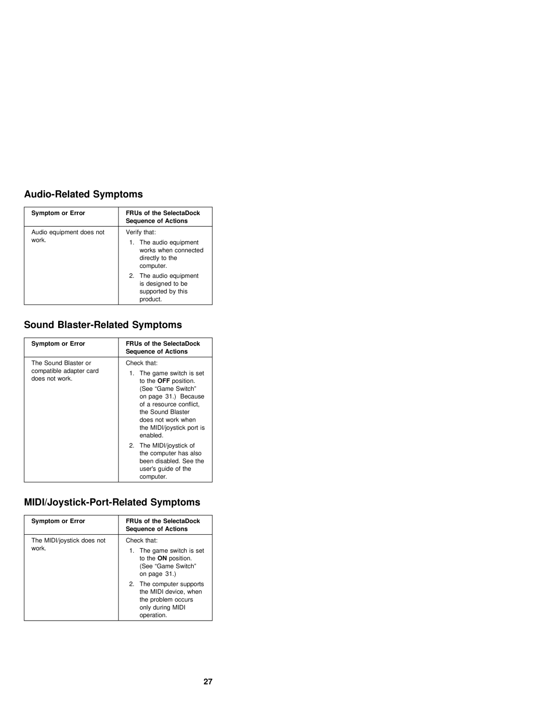 IBM S84H-4552-00 manual Audio-Related Symptoms, Sound Blaster-Related Symptoms, MIDI/Joystick-Port-Related Symptoms 