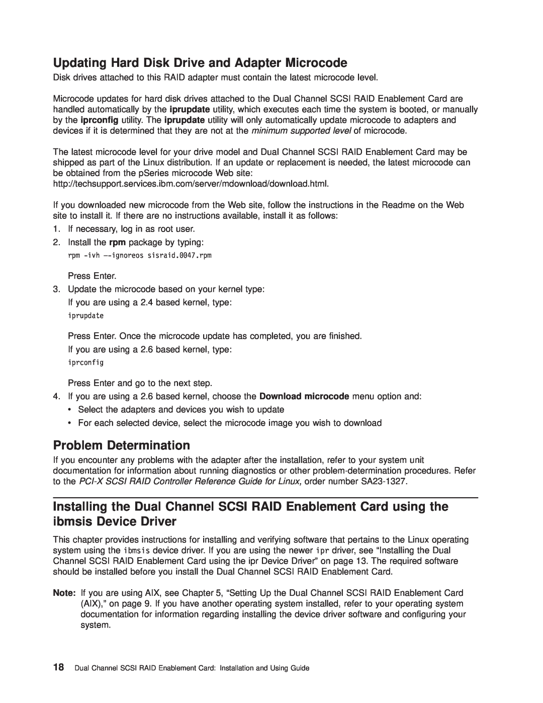 IBM SA23-1325-01 manual Updating Hard Disk Drive and Adapter Microcode, Problem Determination, iprconfig 