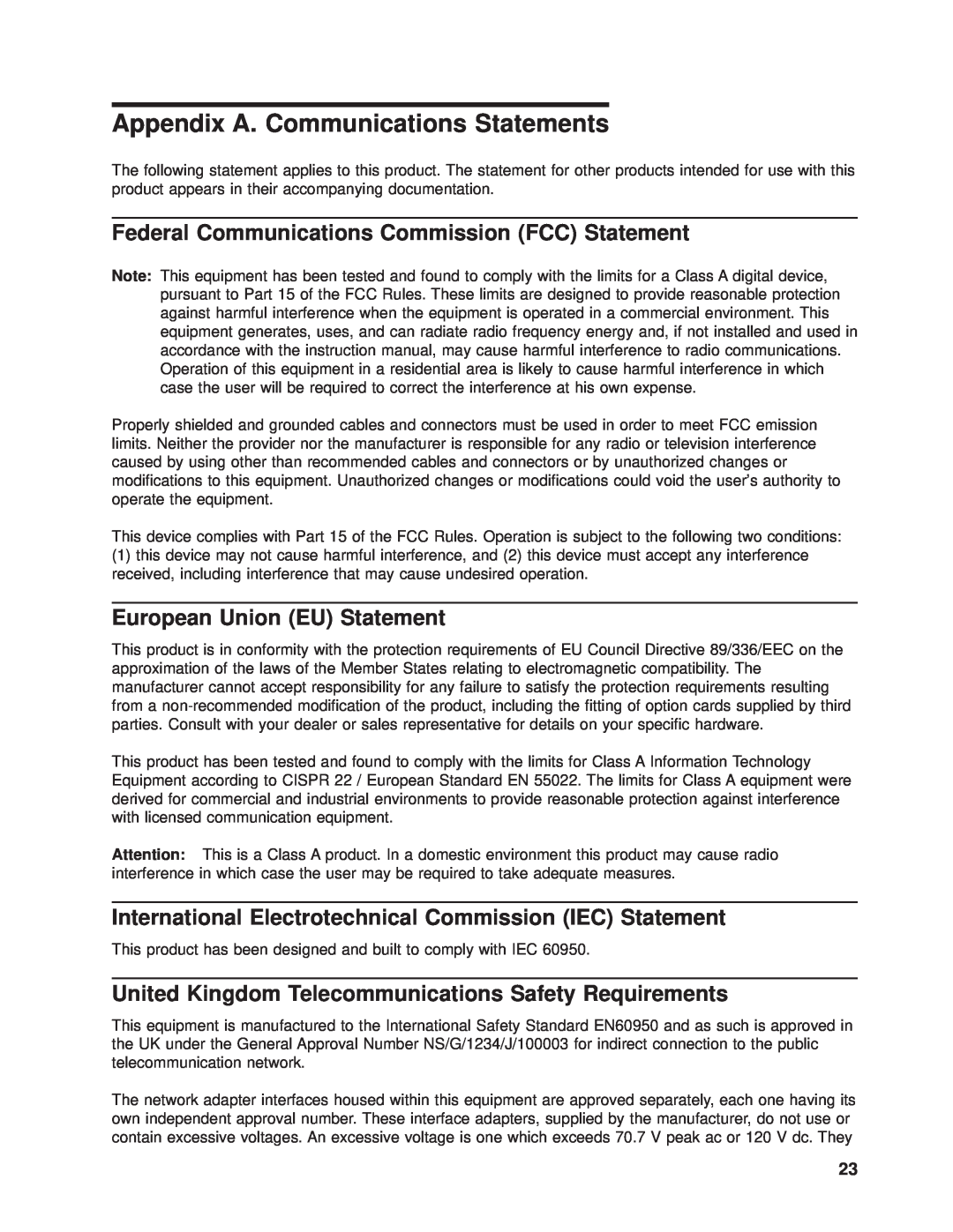 IBM SA23-1325-01 manual Appendix A. Communications Statements, Federal Communications Commission FCC Statement 