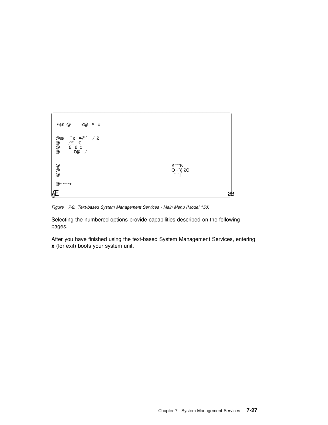 IBM SA38-0512-03 manual Text-based System Management Services Main Menu Model 