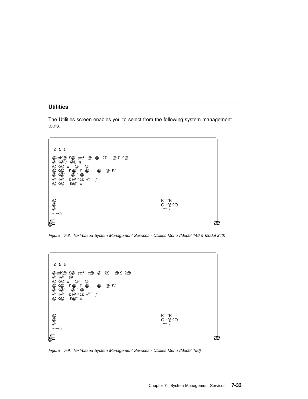 IBM SA38-0512-03 manual Text-based System Management Services Utilities Menu Model 