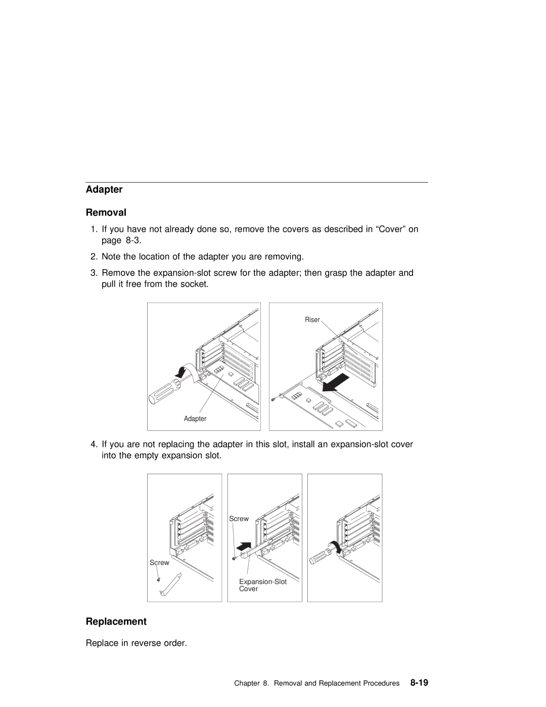 IBM SA38-0512-03 manual Adapter Removal, Replacement 
