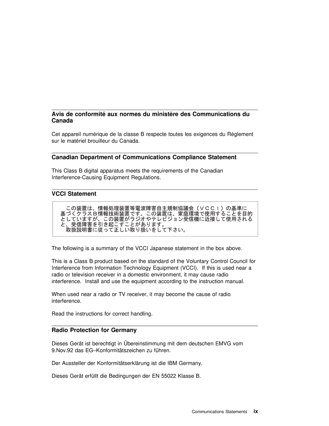 IBM SA38-0512-03 manual Avis, Communications du, Canadian Department of Communications Compliance Statement, Vcci Statement 