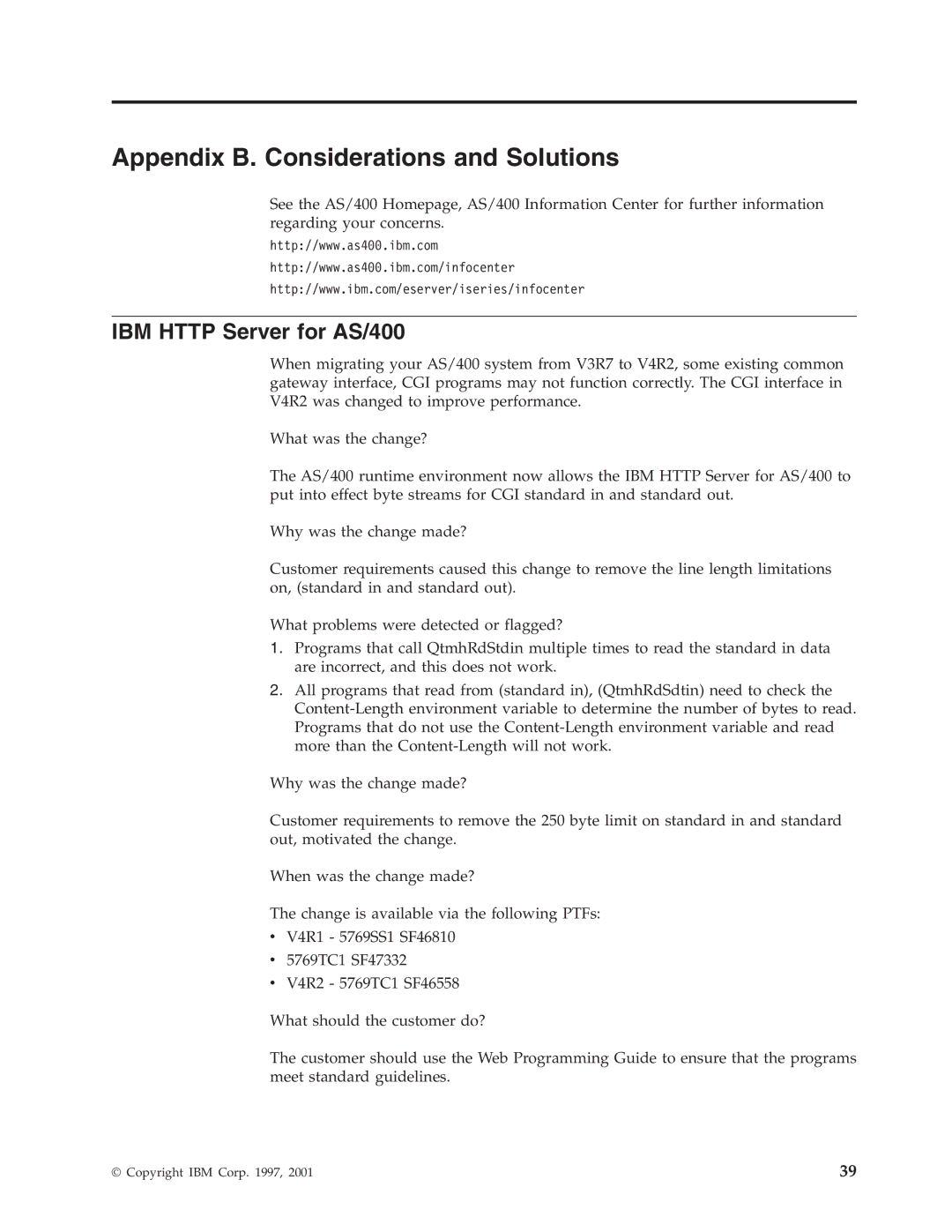 IBM SA41-5155-05 manual Appendix B. Considerations and Solutions, IBM Http Server for AS/400 