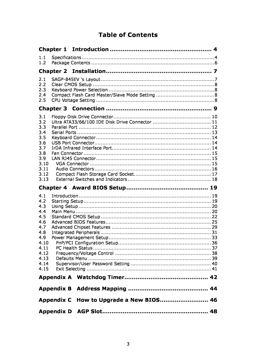 IBM SAGP-845EV Table of Contents, Chapter, Award BIOS Setup, Appendix A, Appendix B, Appendix C How to Upgrade a New BIOS 