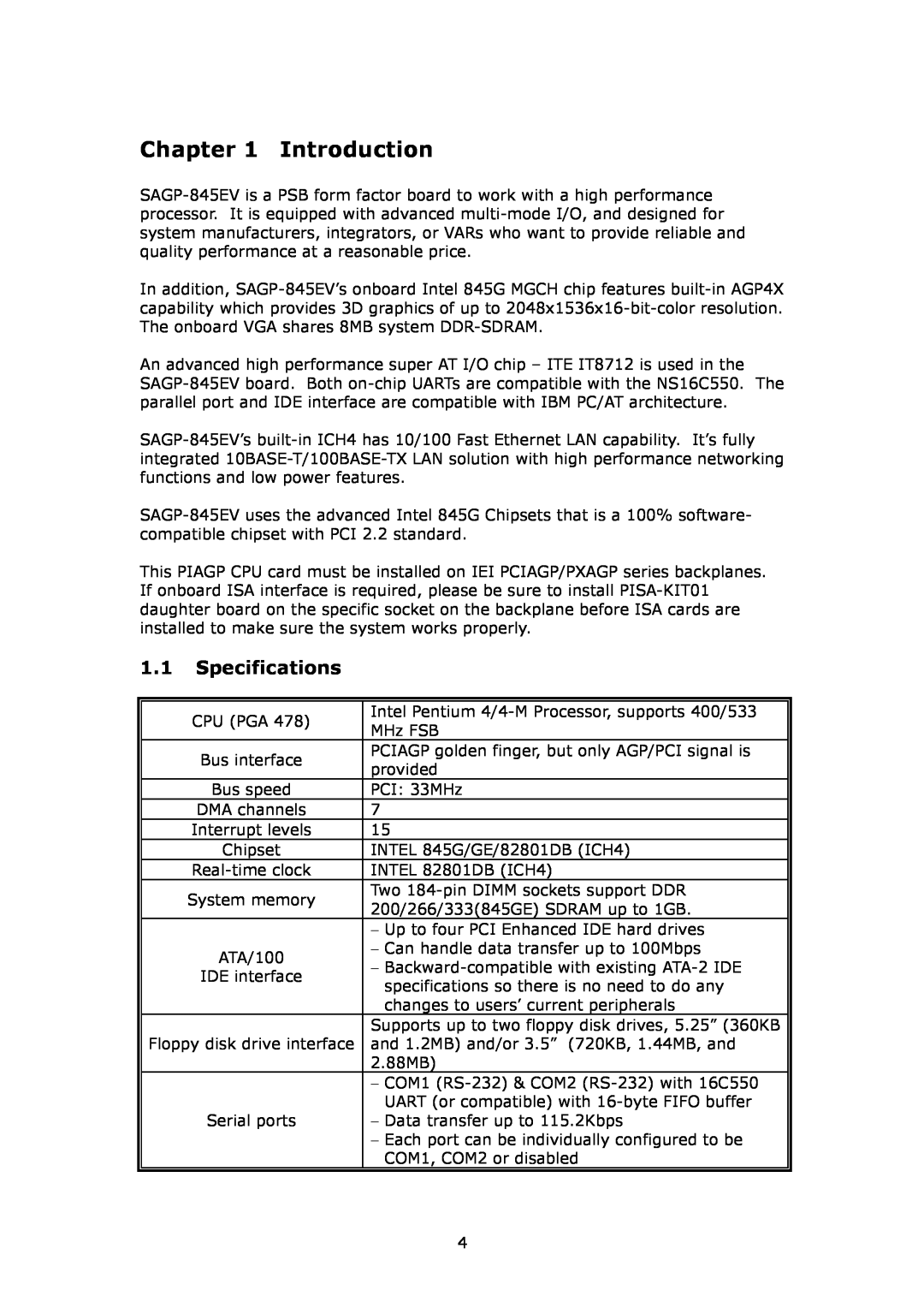 IBM SAGP-845EV user manual Introduction, Specifications 