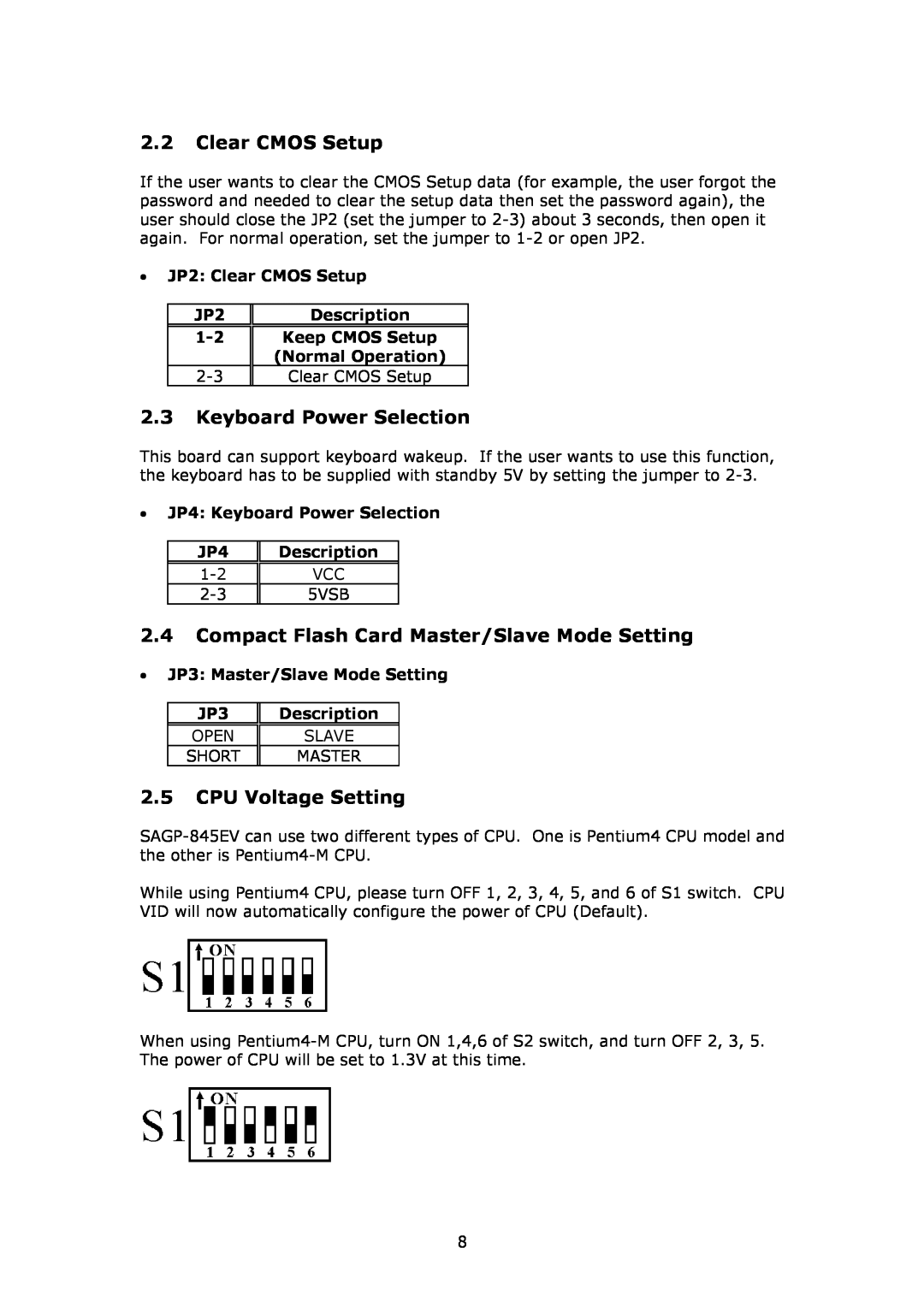 IBM SAGP-845EV Clear CMOS Setup, Keyboard Power Selection, Compact Flash Card Master/Slave Mode Setting, JP2, Description 