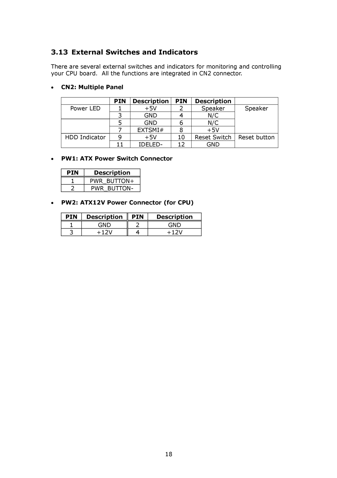 IBM SAGP-845EV user manual External Switches and Indicators, CN2 Multiple Panel, PW1 ATX Power Switch Connector 