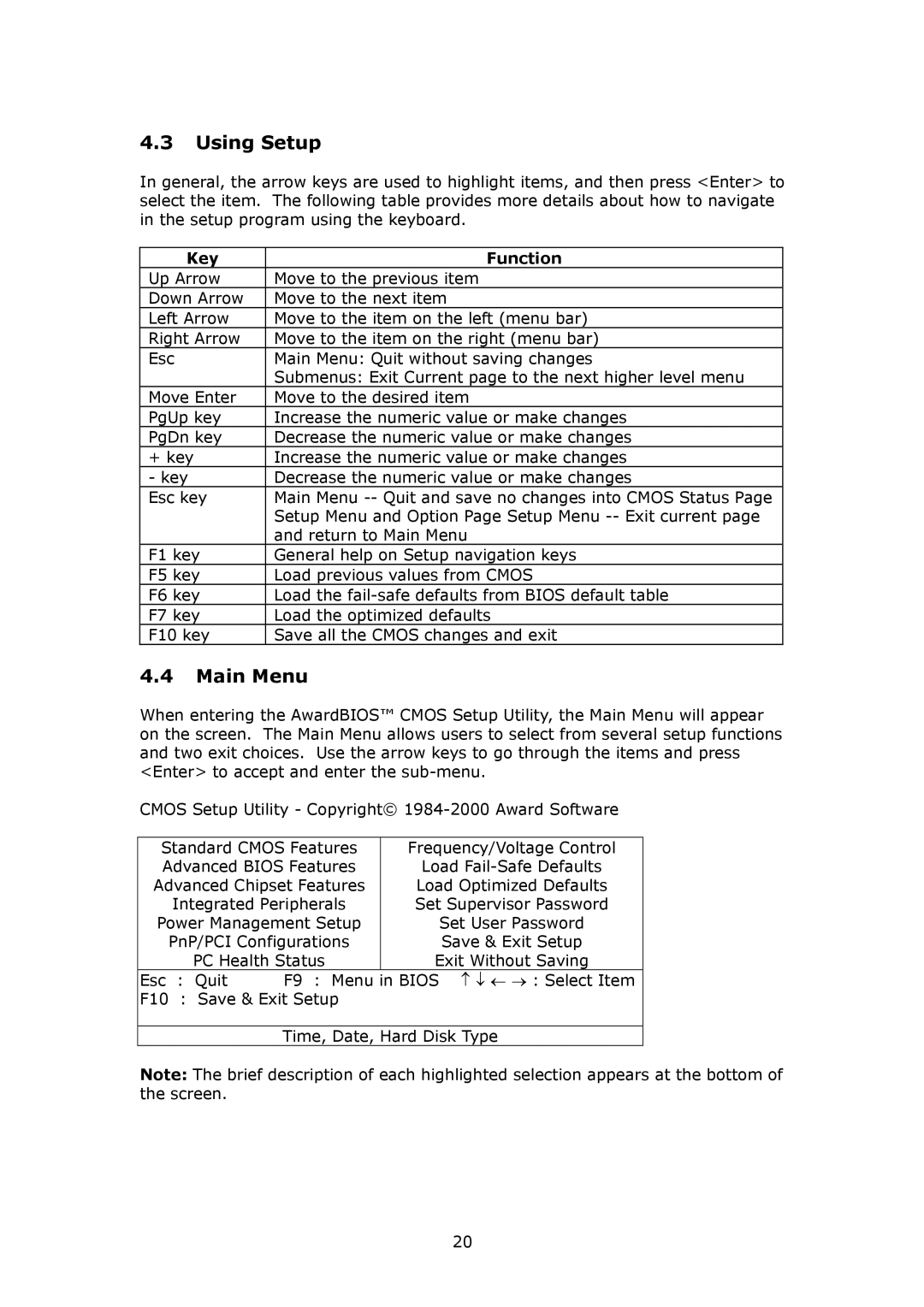 IBM SAGP-845EV user manual Using Setup, Main Menu, Key Function 