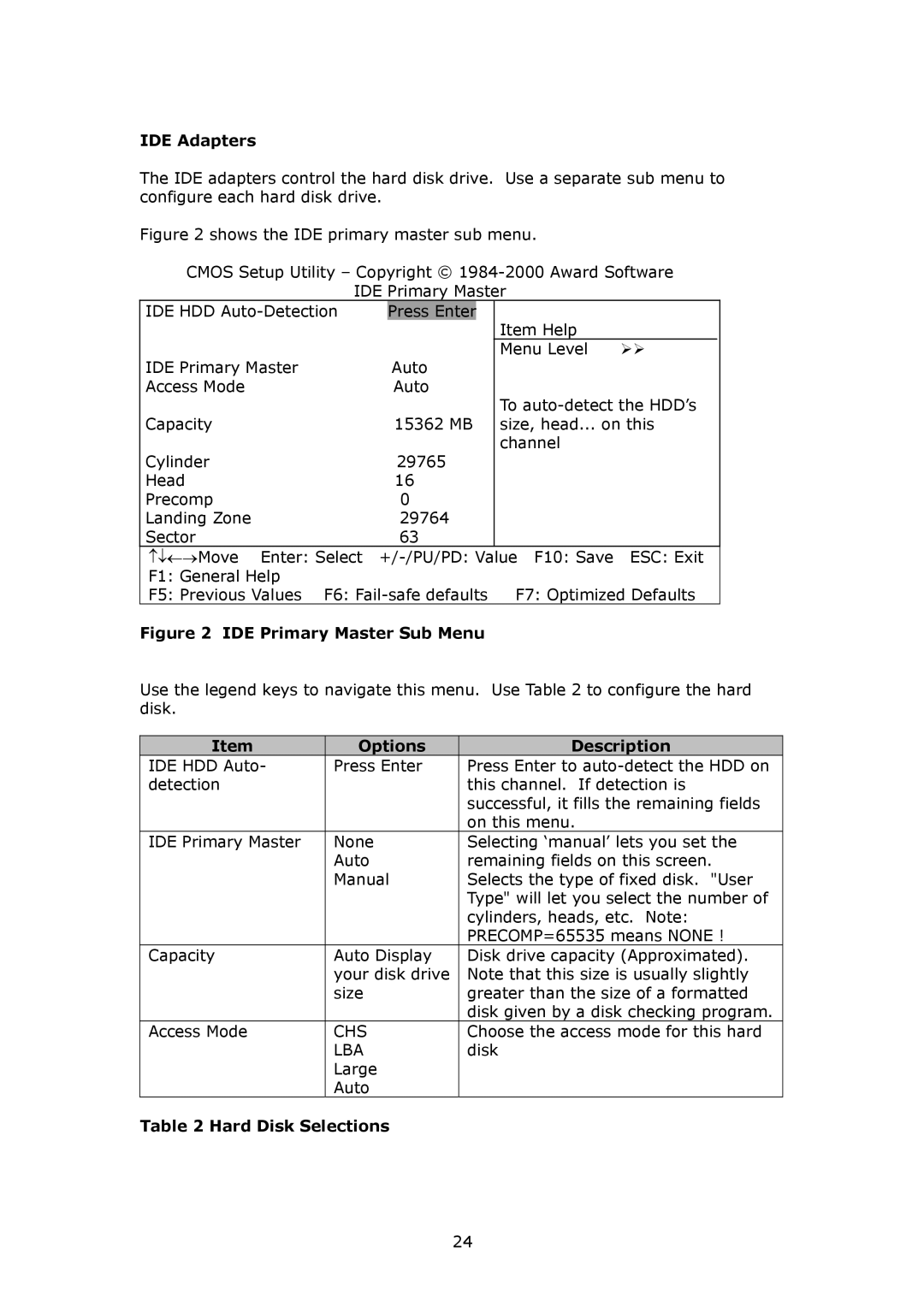 IBM SAGP-845EV user manual IDE Adapters, Options Description, Chs, Lba, Hard Disk Selections 