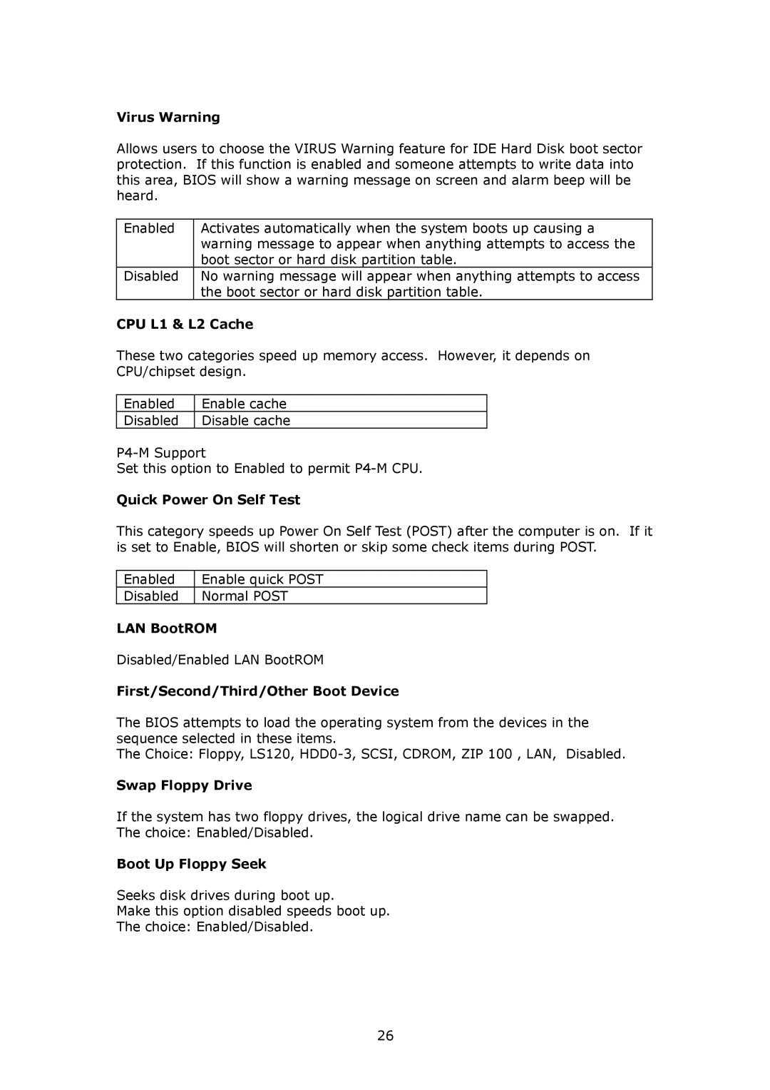 IBM SAGP-845EV user manual Virus Warning, CPU L1 & L2 Cache, Quick Power On Self Test, LAN BootROM, Swap Floppy Drive 