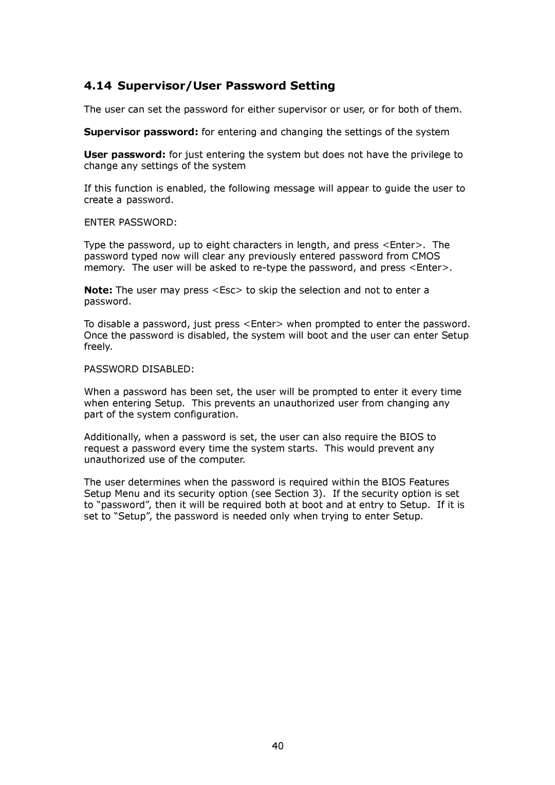 IBM SAGP-845EV user manual Supervisor/User Password Setting, Enter Password, Password Disabled 