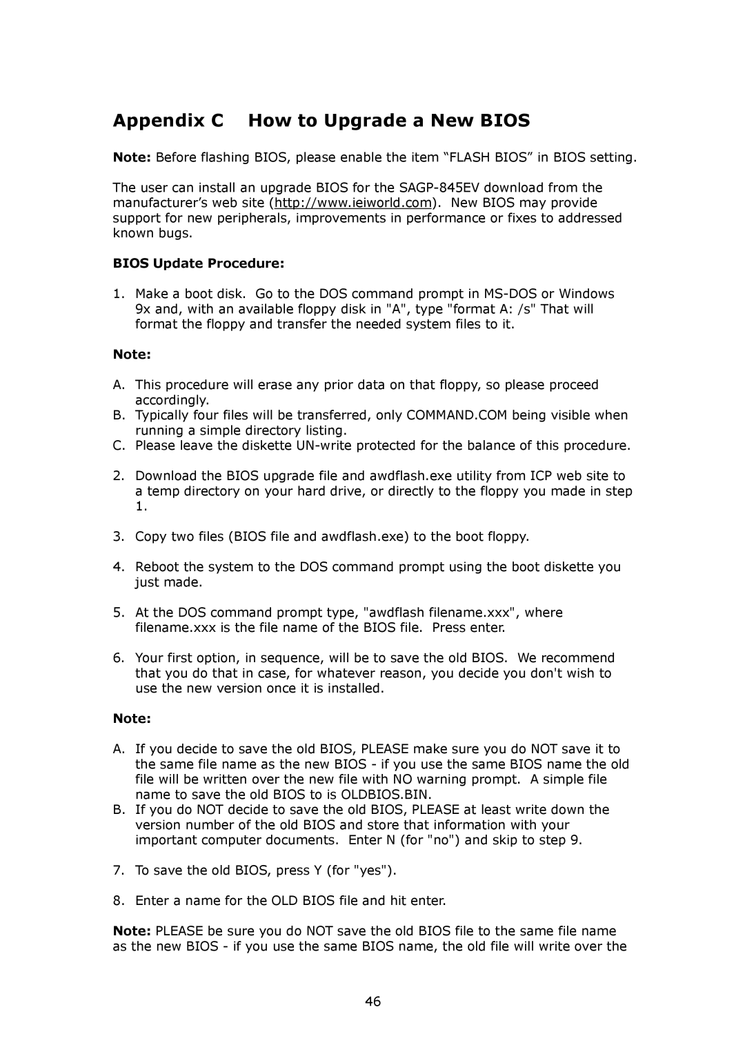 IBM SAGP-845EV user manual Appendix C How to Upgrade a New Bios, Bios Update Procedure 