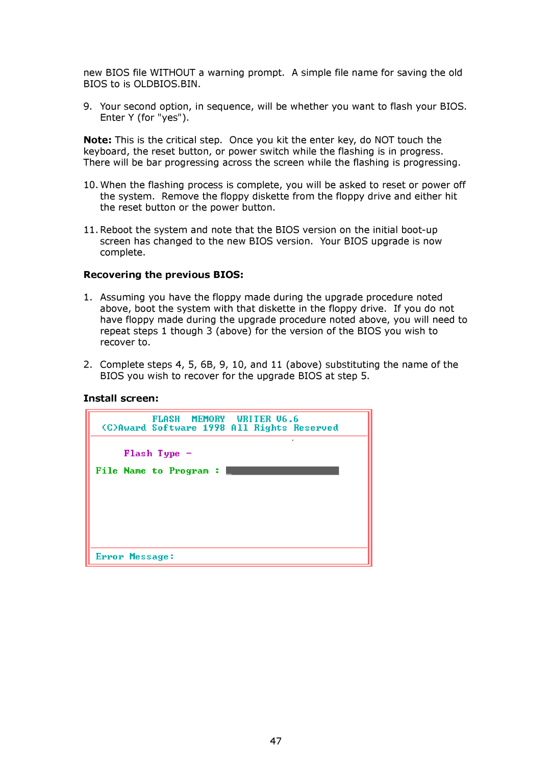 IBM SAGP-845EV user manual Recovering the previous Bios, Install screen 