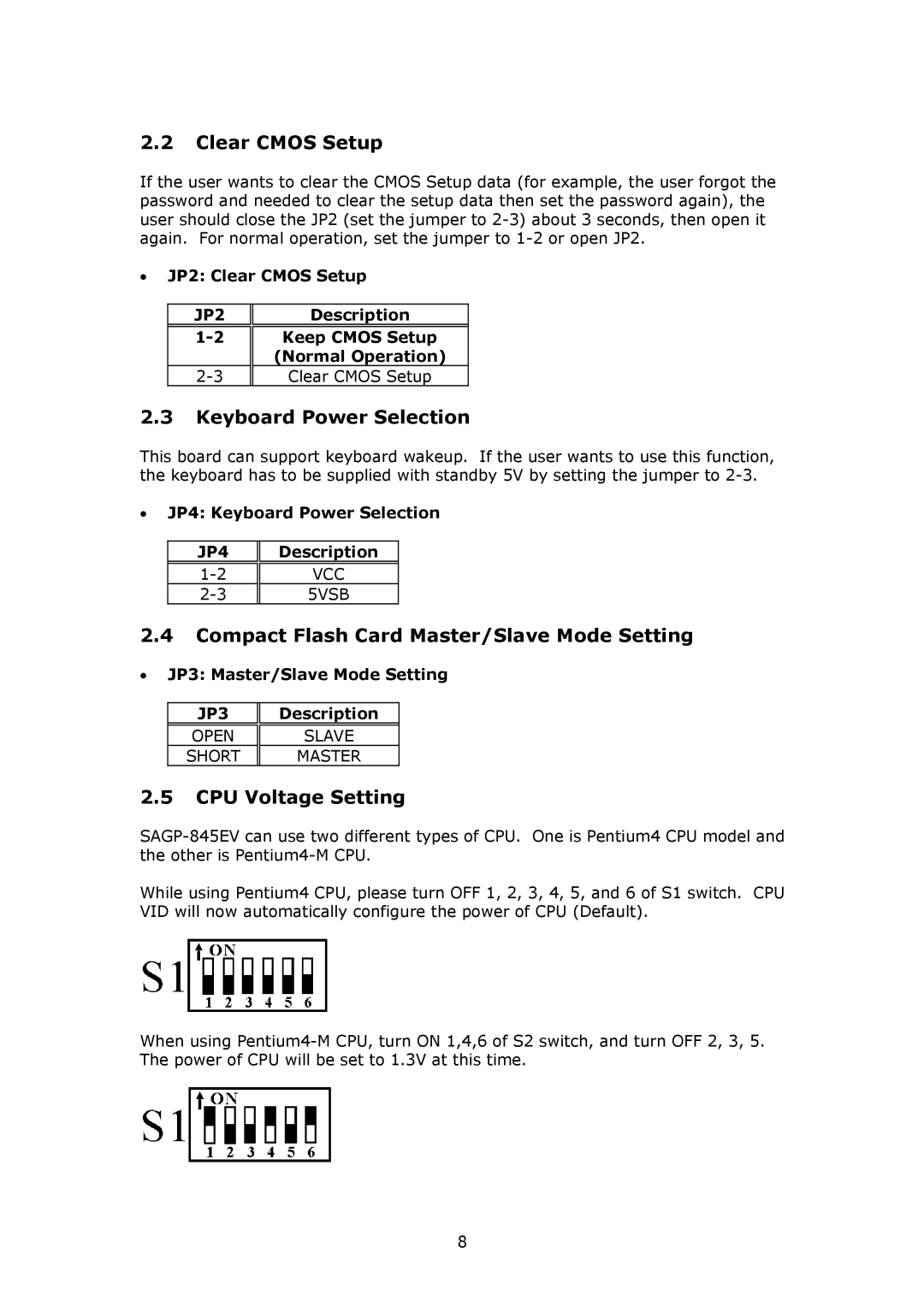 IBM SAGP-845EV user manual Clear Cmos Setup, Keyboard Power Selection, Compact Flash Card Master/Slave Mode Setting 