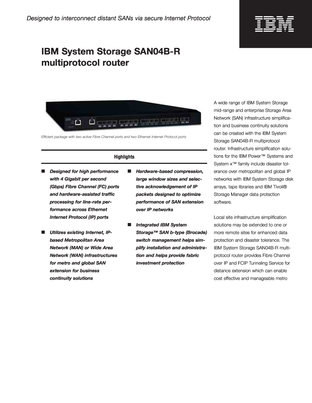 IBM SAN24B-R manual Highlights, IBM System Storage SAN04B-R multiprotocol router 
