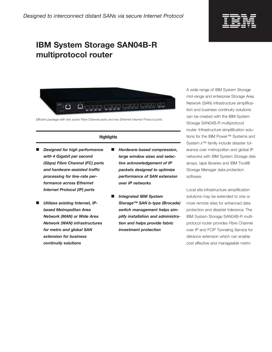 IBM SAN24B-R manual IBM System Storage SAN04B-R multiprotocol router, Highlights 