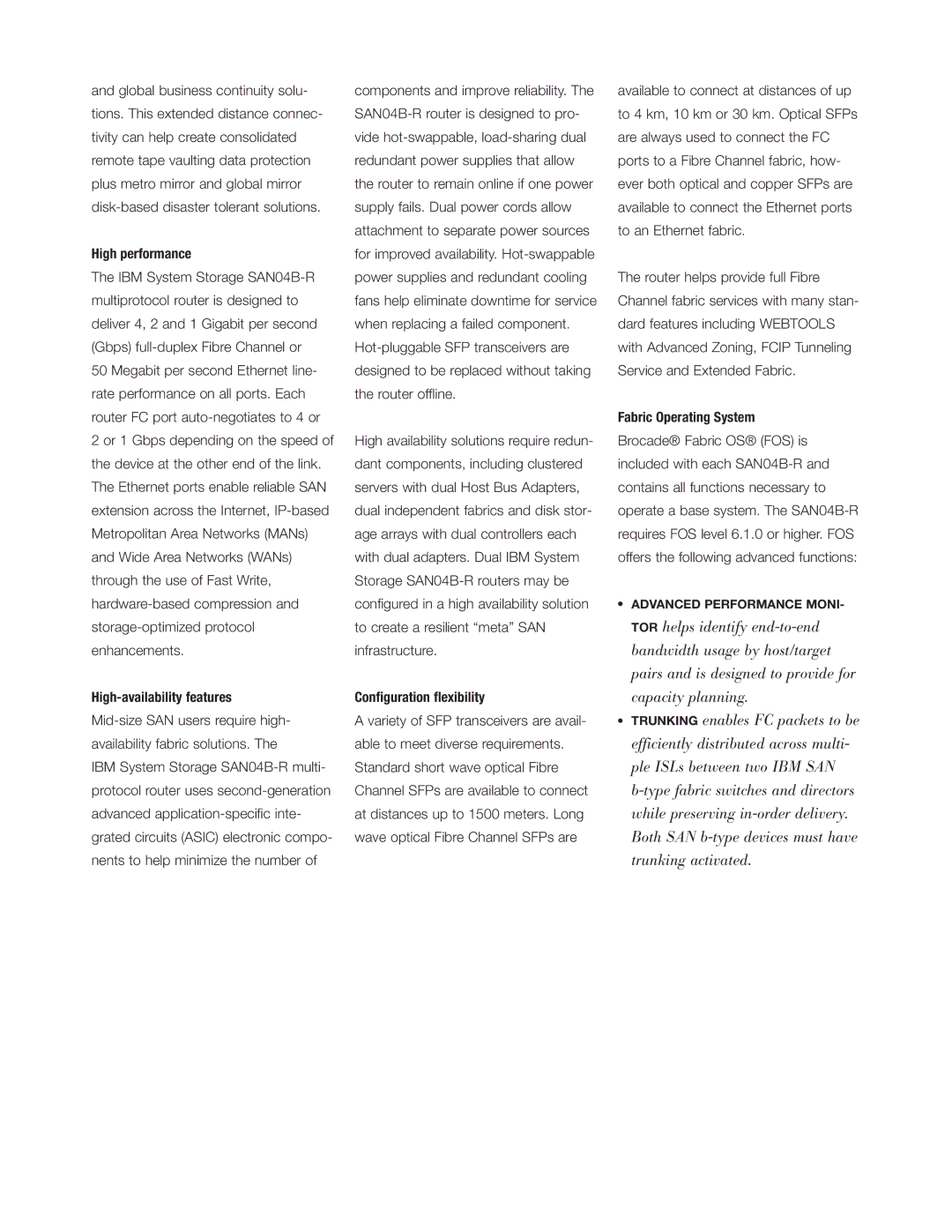 IBM SAN24B-R manual High performance, High-availability features, Conﬁguration ﬂexibility, Fabric Operating System 