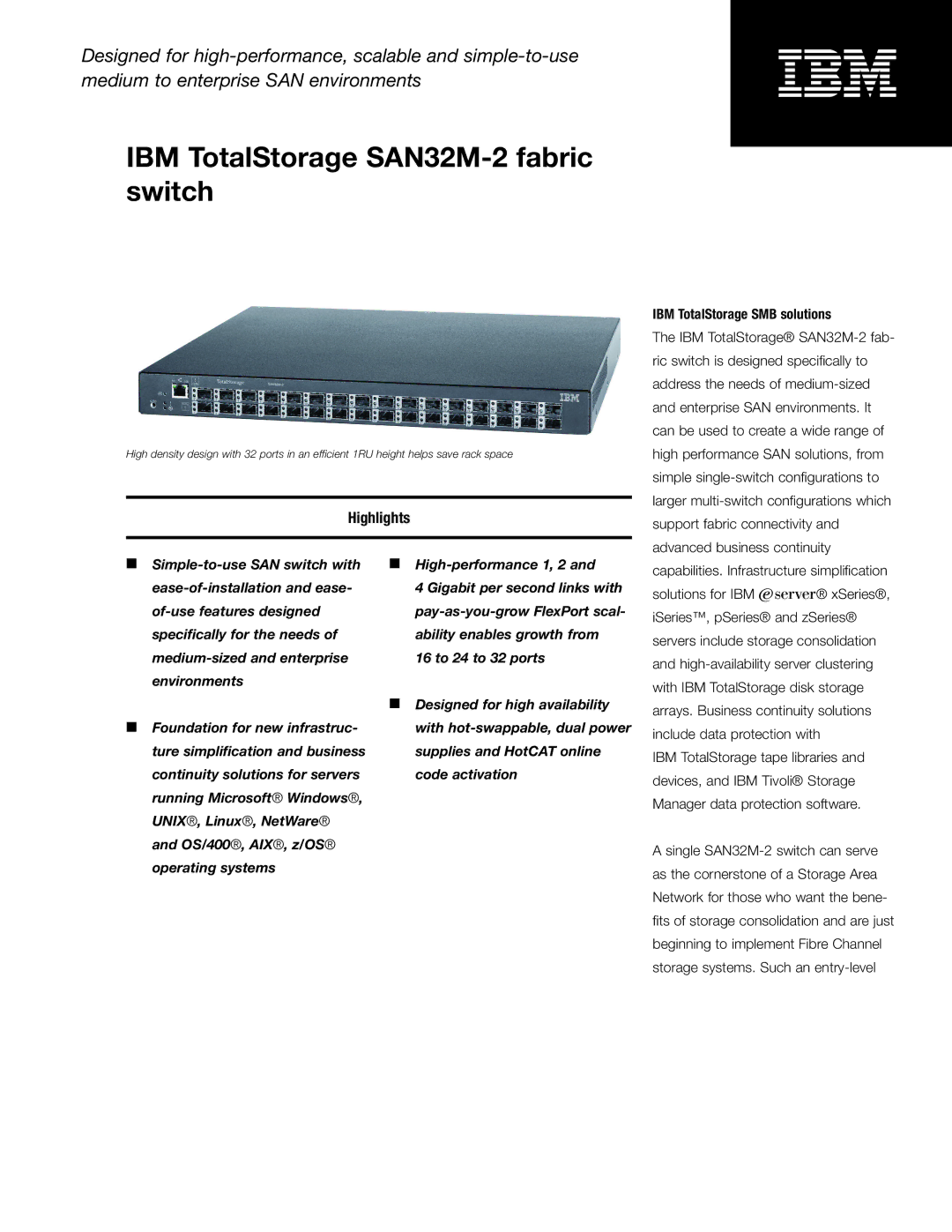 IBM SAN32M-2 manual Highlights, IBM TotalStorage SMB solutions 