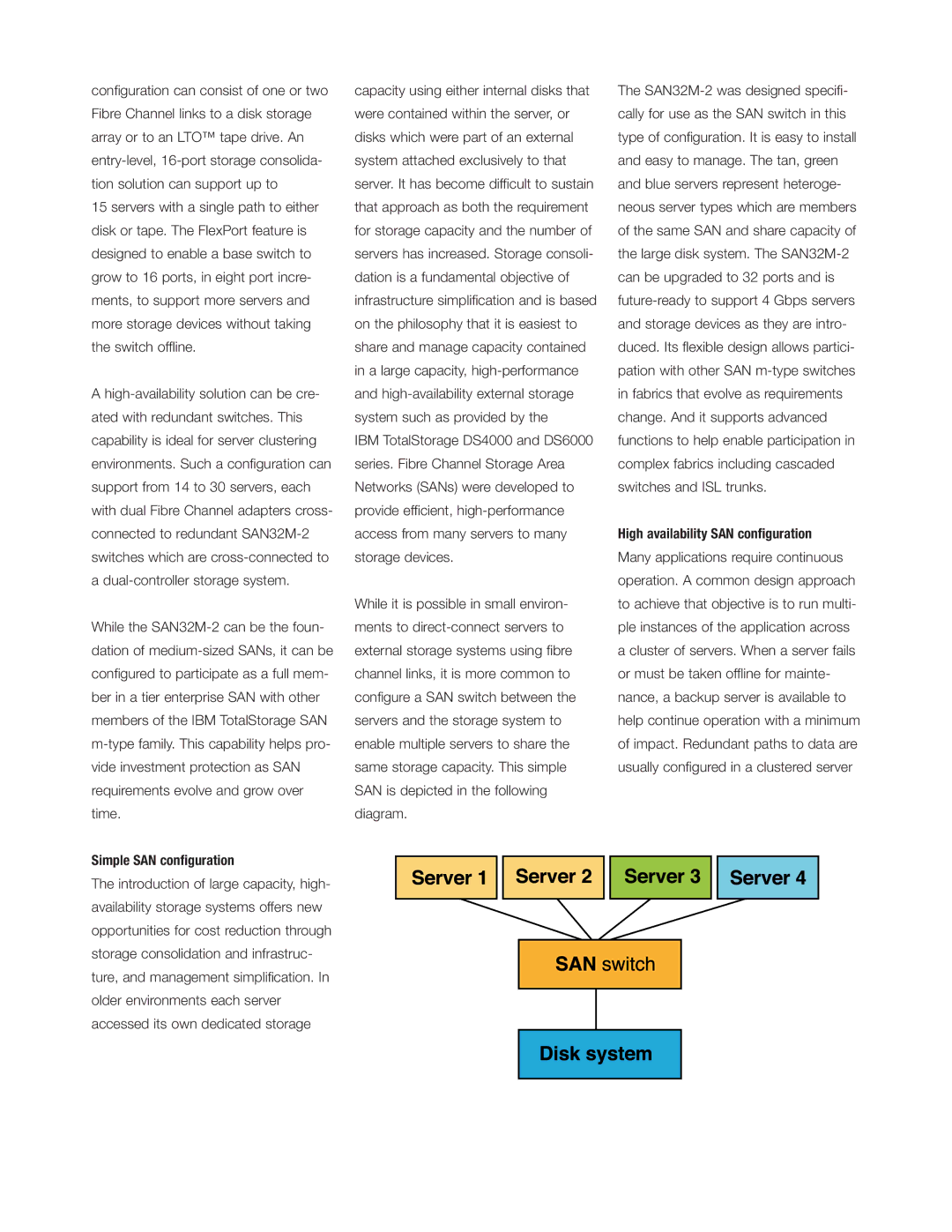 IBM SAN32M-2 manual Simple SAN conﬁguration, High availability SAN conﬁguration 