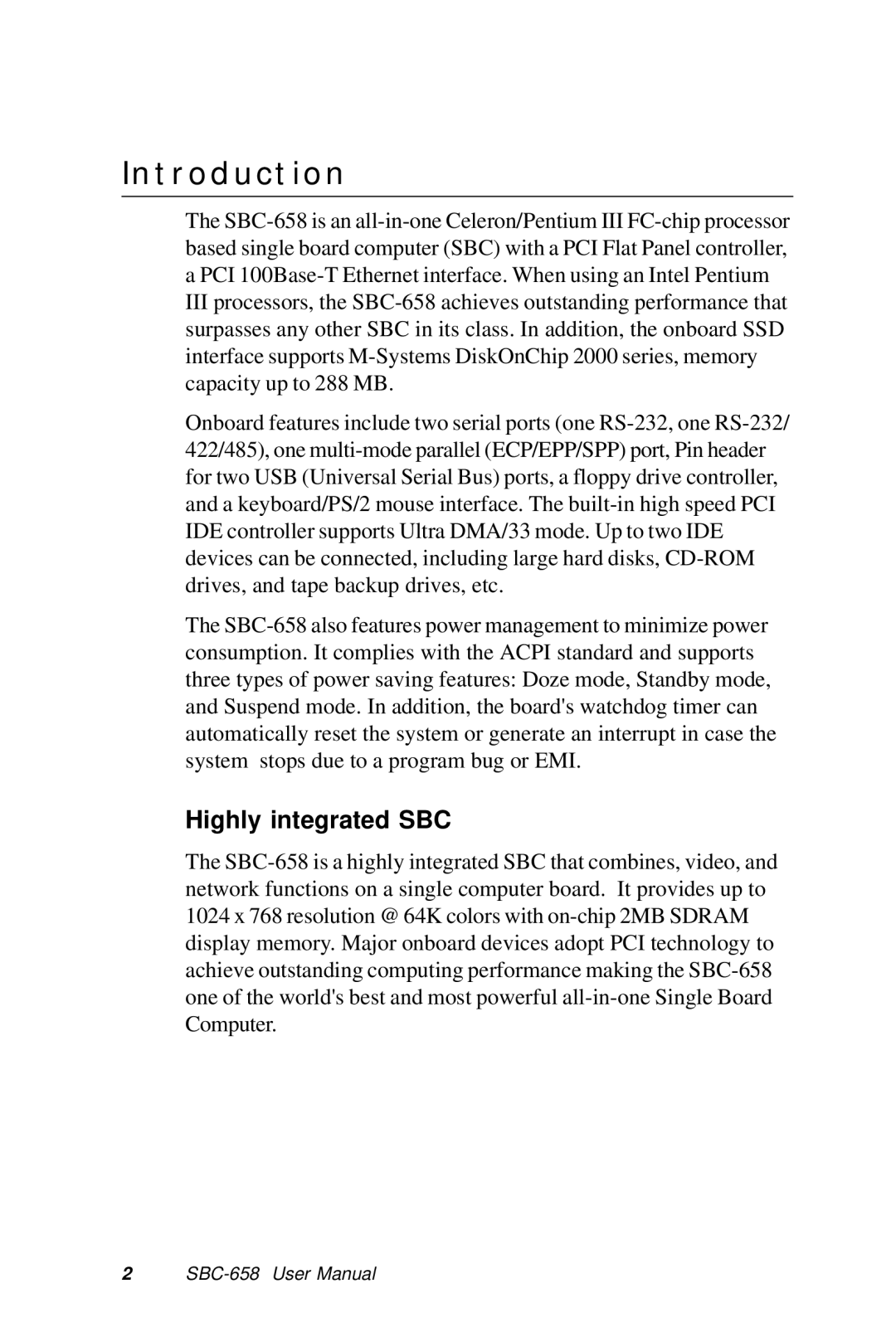 IBM SBC-658 manual Introduction, Highly integrated SBC 