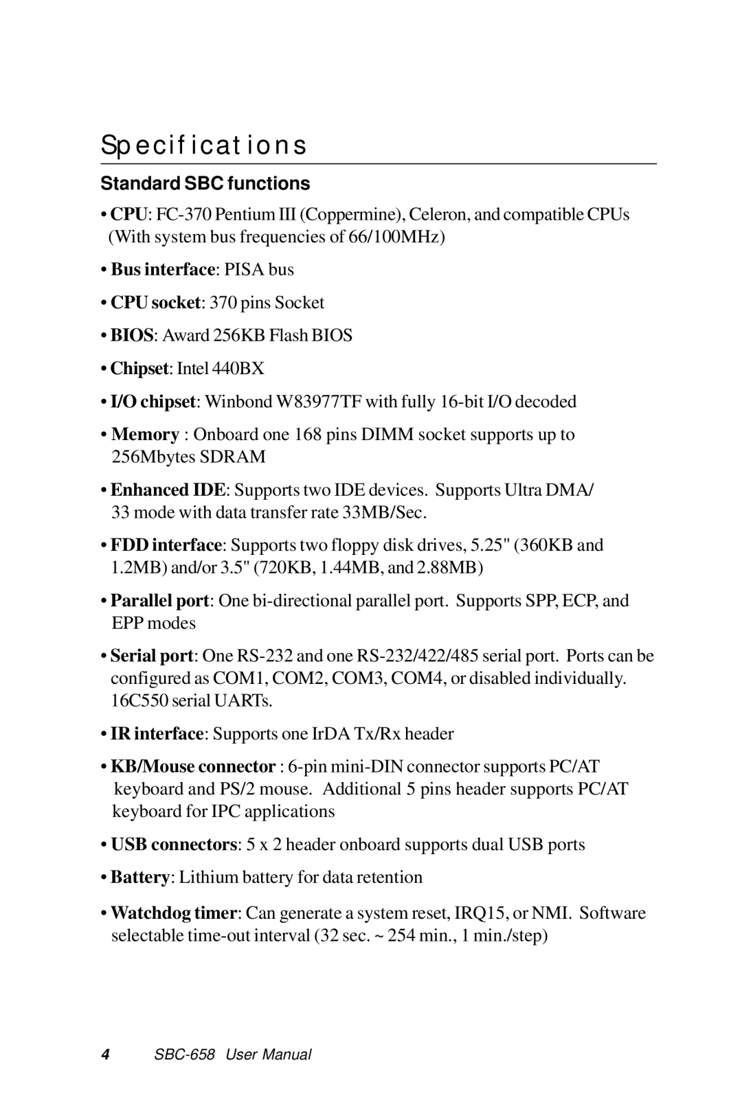 IBM SBC-658 manual Specifications, Standard SBC functions 