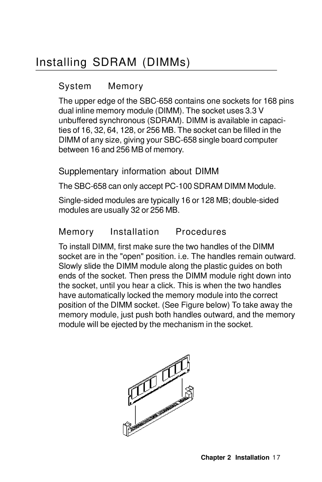 IBM SBC-658 Installing Sdram DIMMs, System Memory, Supplementary information about Dimm, Memory Installation Procedures 