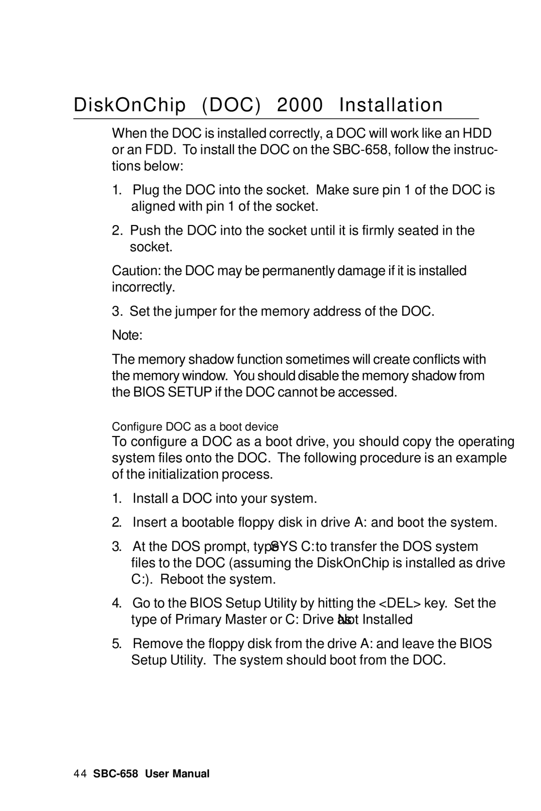 IBM SBC-658 manual DiskOnChip DOC 2000 Installation 