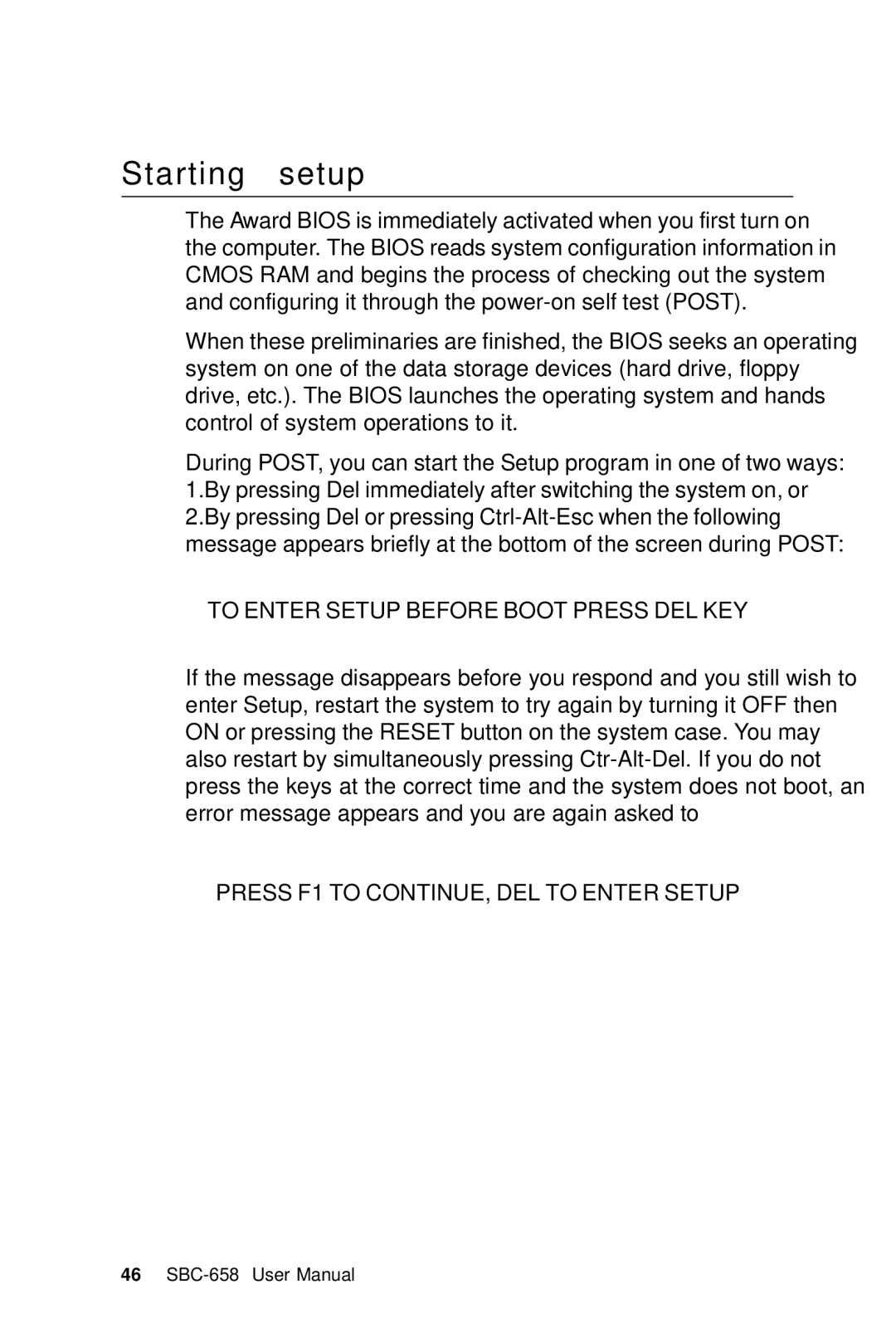 IBM SBC-658 manual Starting setup, To Enter Setup Before Boot Press DEL KEY 