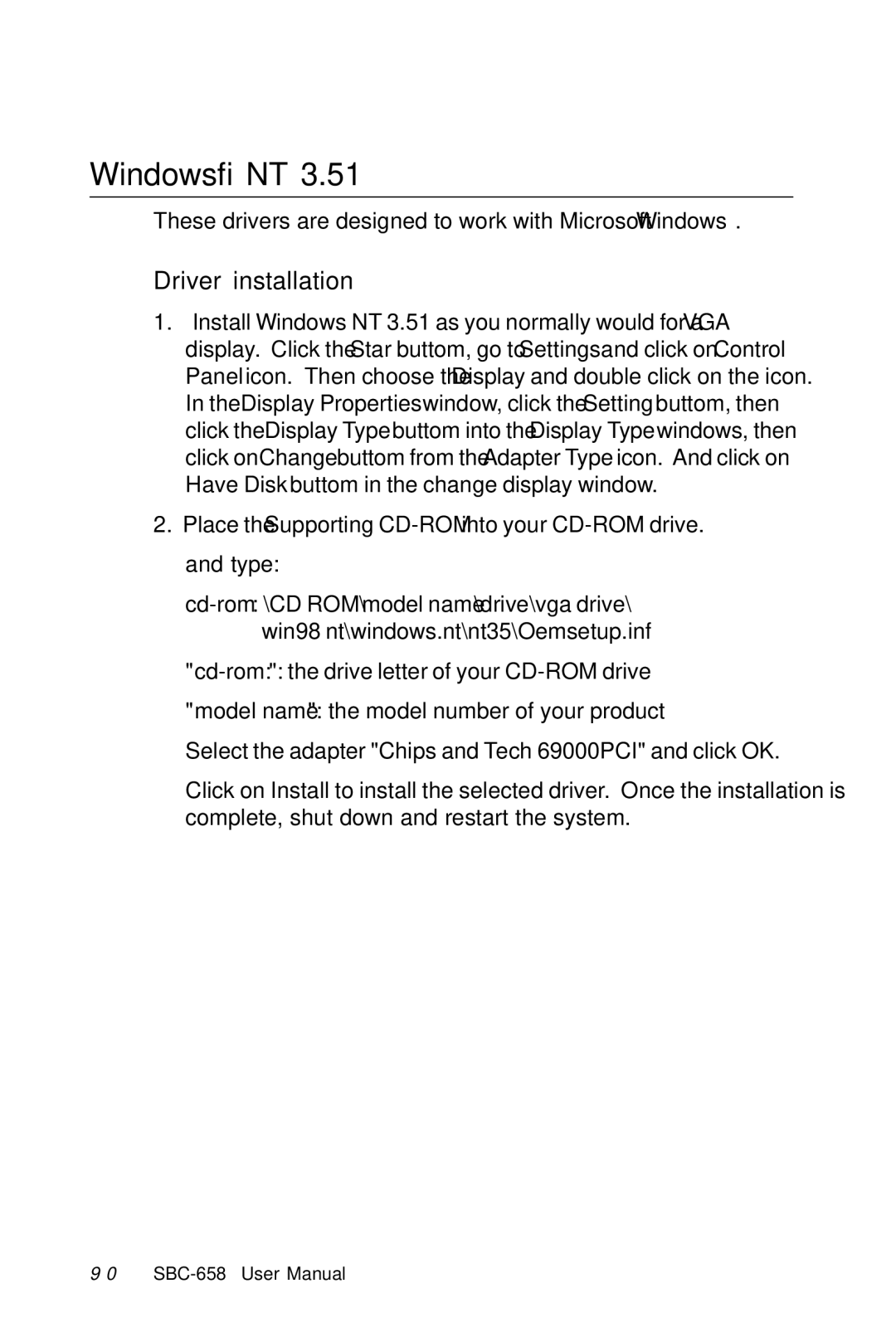 IBM SBC-658 manual Windows NT, Driver installation 