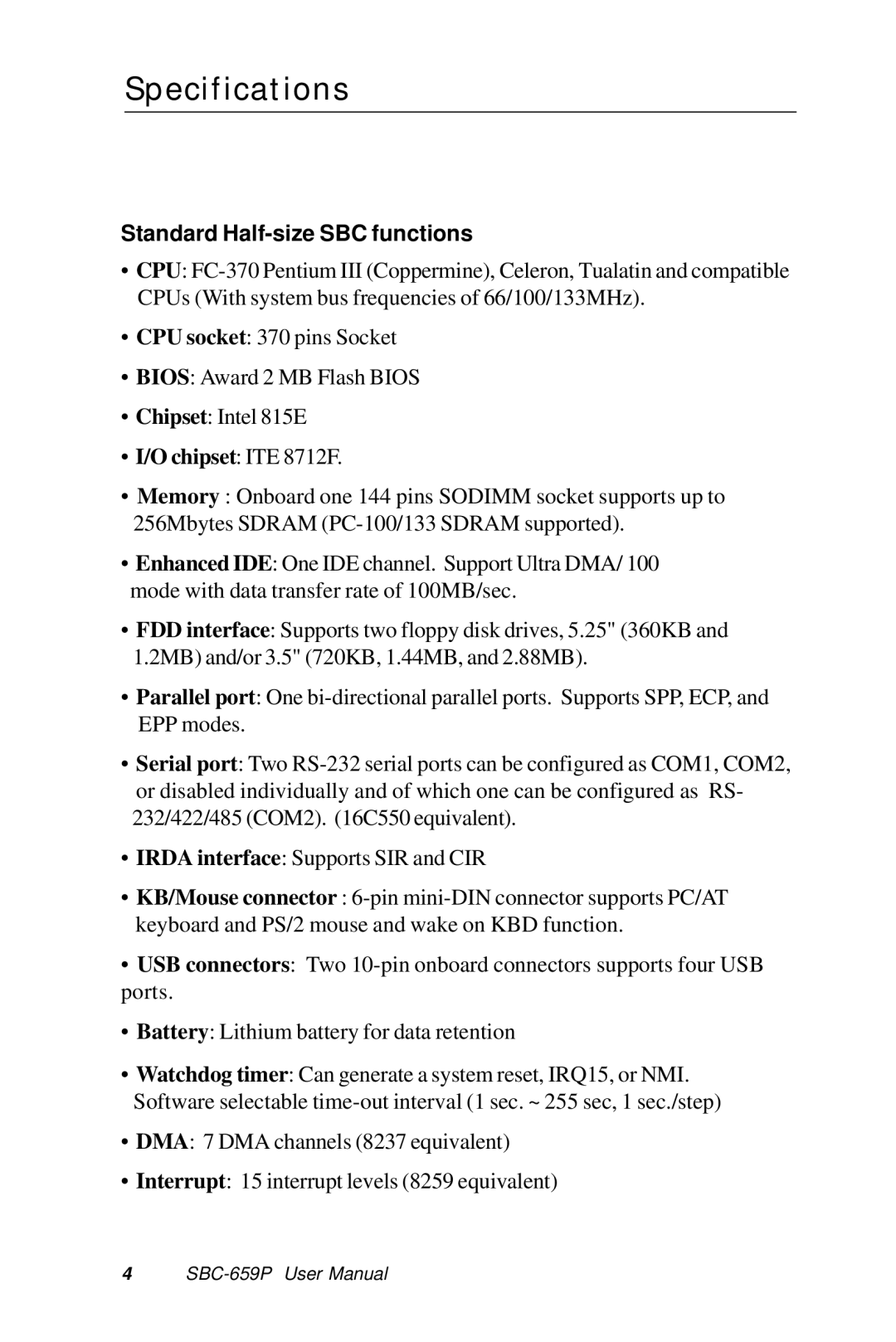 IBM SBC-659P manual Specifications, Standard Half-size SBC functions 