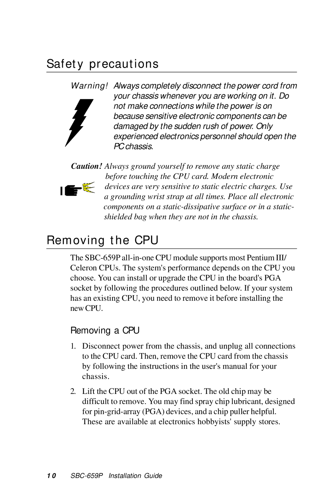 IBM SBC-659P manual Safety precautions, Removing the CPU 