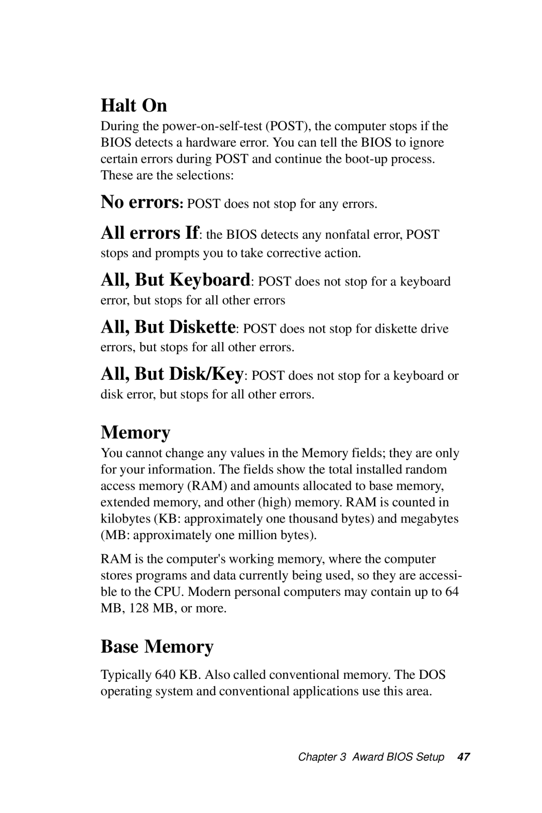 IBM SBC-659P manual Halt On, Base Memory 