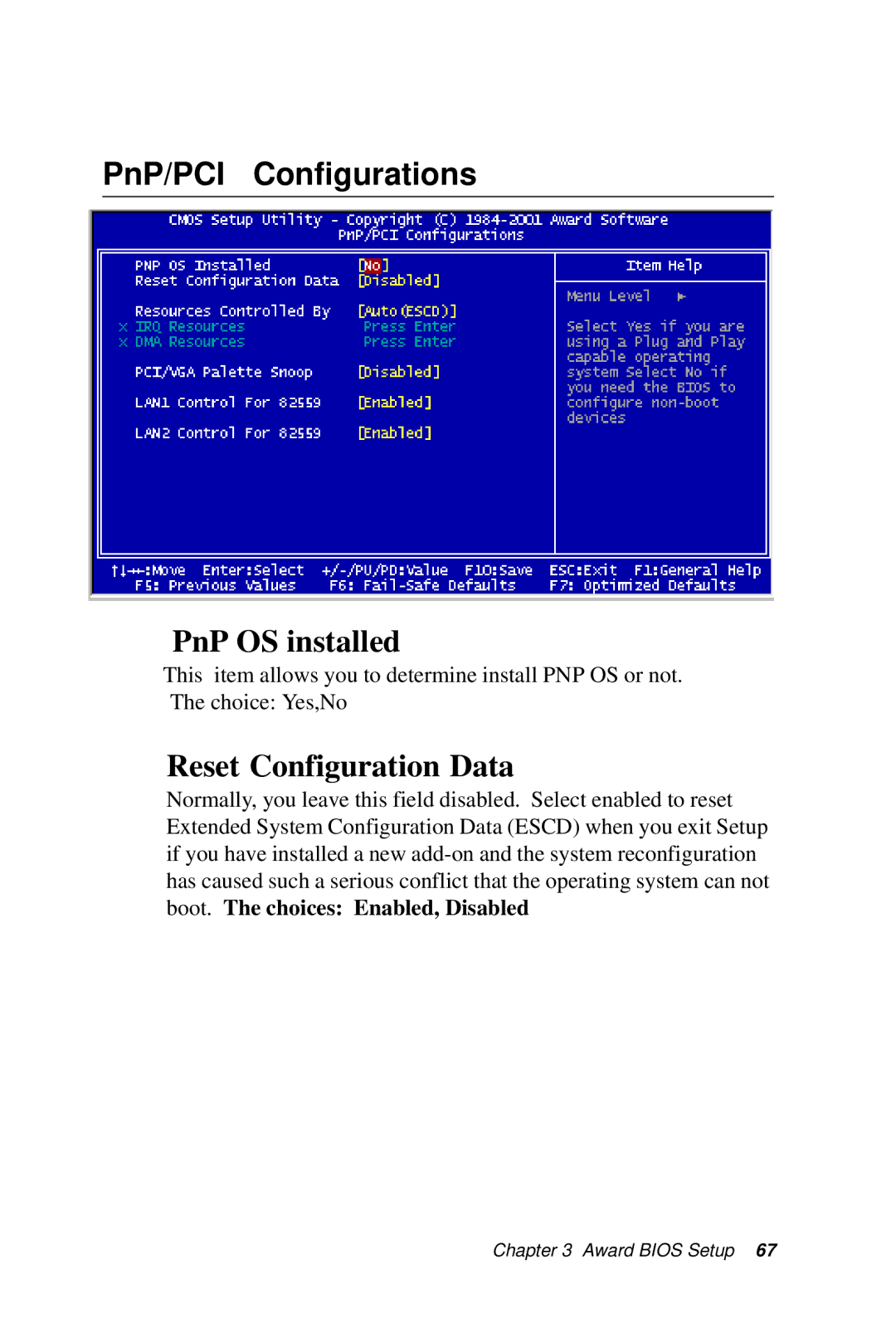 IBM SBC-659P manual PnP/PCI Configurations, PnP OS installed, Reset Configuration Data 