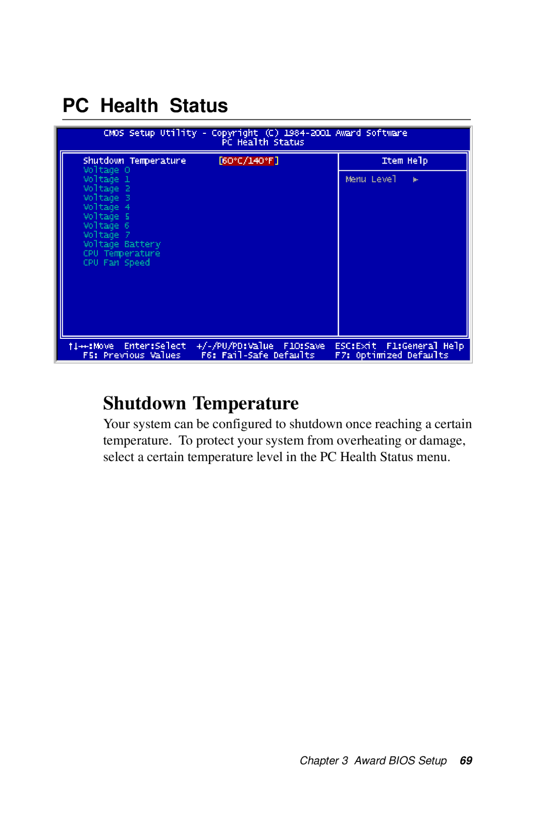 IBM SBC-659P manual PC Health Status, Shutdown Temperature 