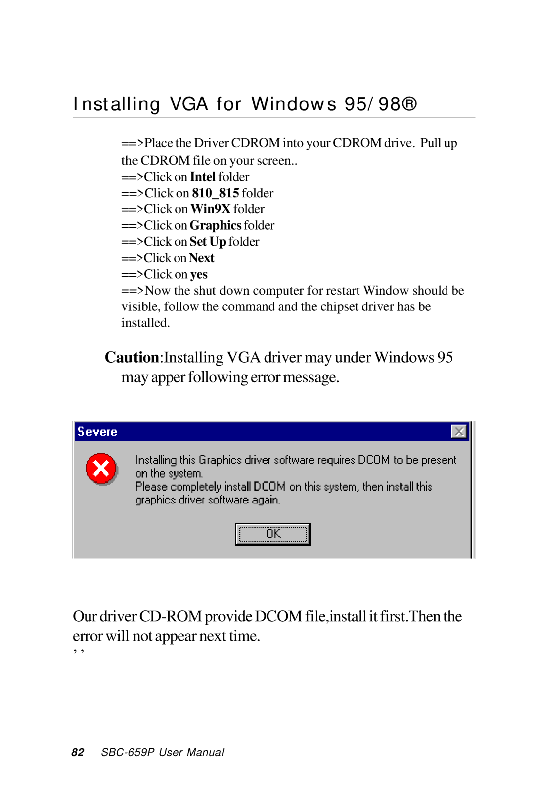 IBM SBC-659P manual Installing VGA for Windows 95/98 