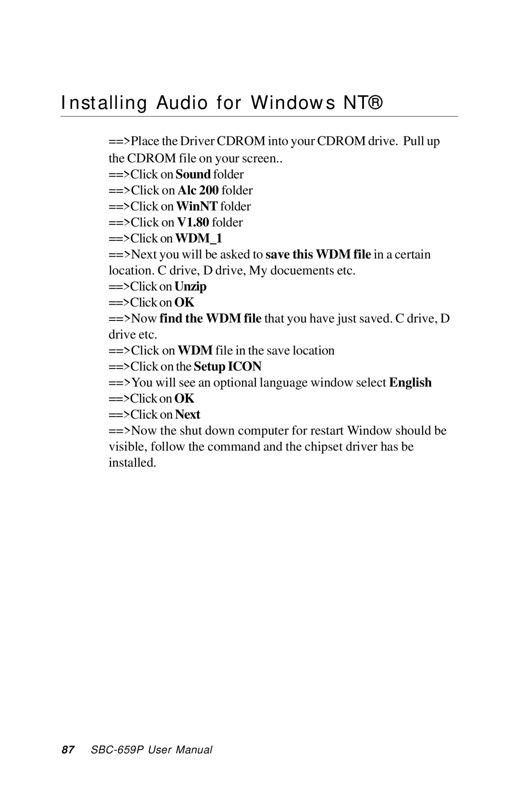 IBM SBC-659P manual Installing Audio for Windows NT 