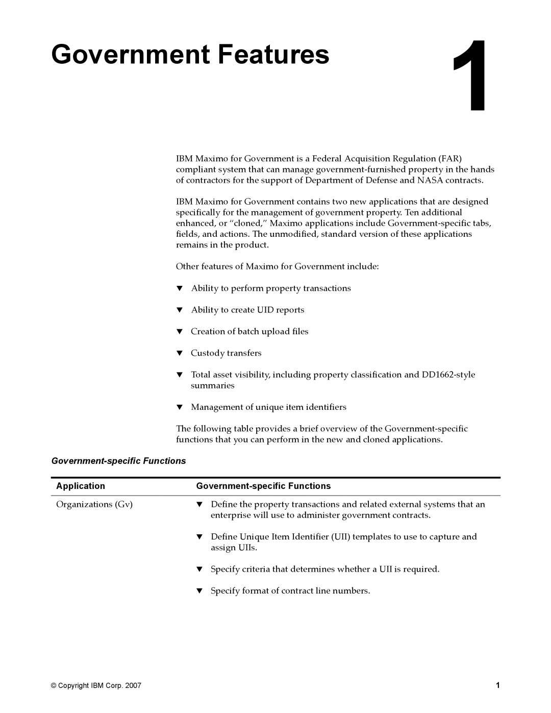 IBM SC23-8765-00 manual Government Features, Government-specific Functions 