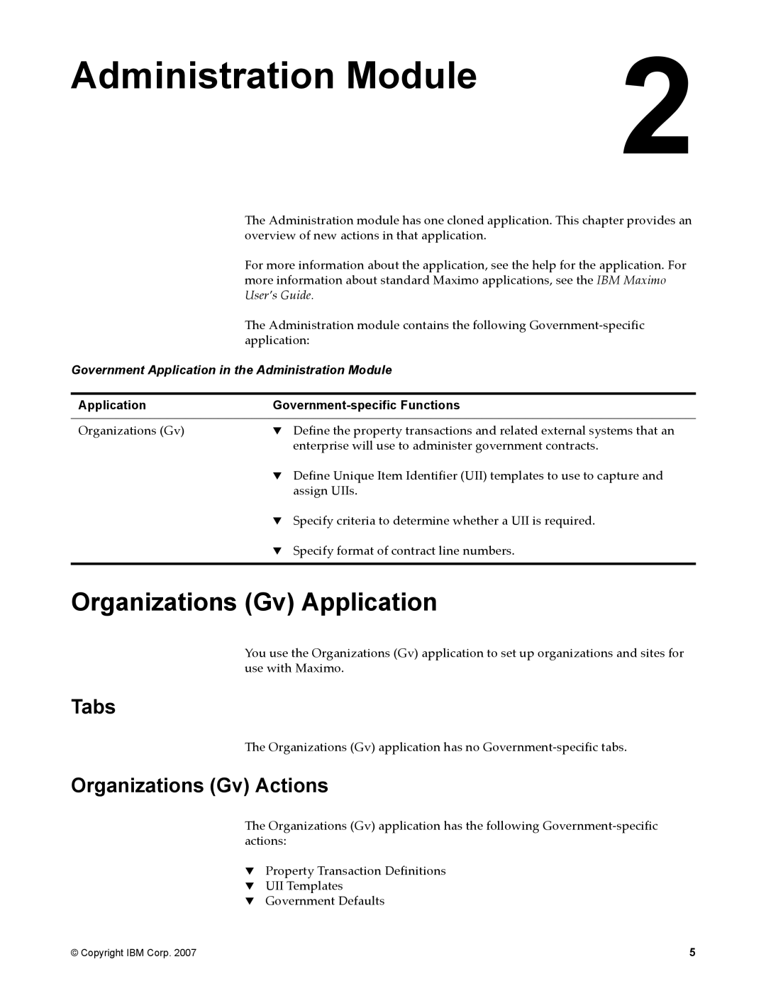 IBM SC23-8765-00 manual Administration Module, Organizations Gv Application, Tabs, Organizations Gv Actions 