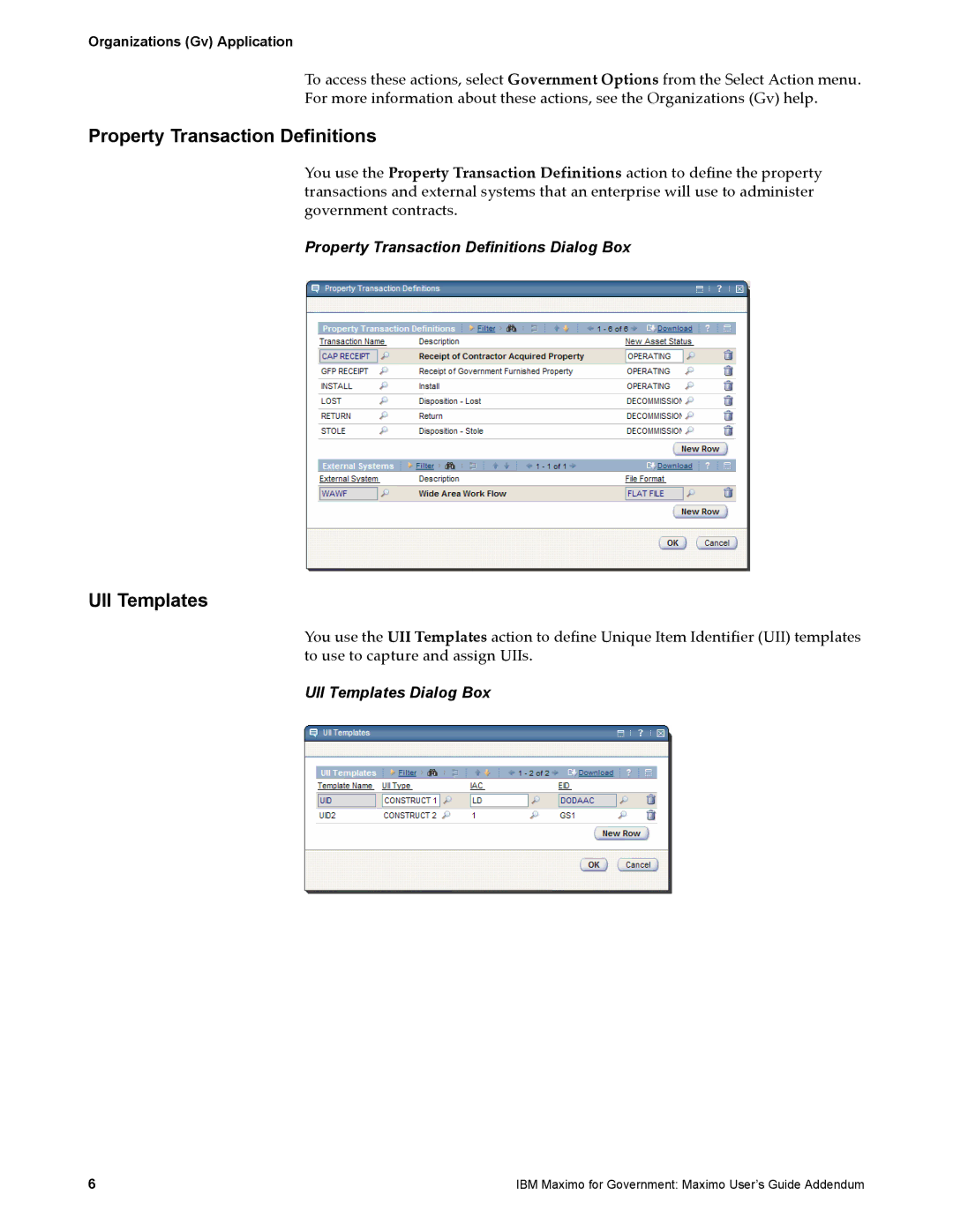 IBM SC23-8765-00 manual Property Transaction Definitions Dialog Box, UII Templates Dialog Box 