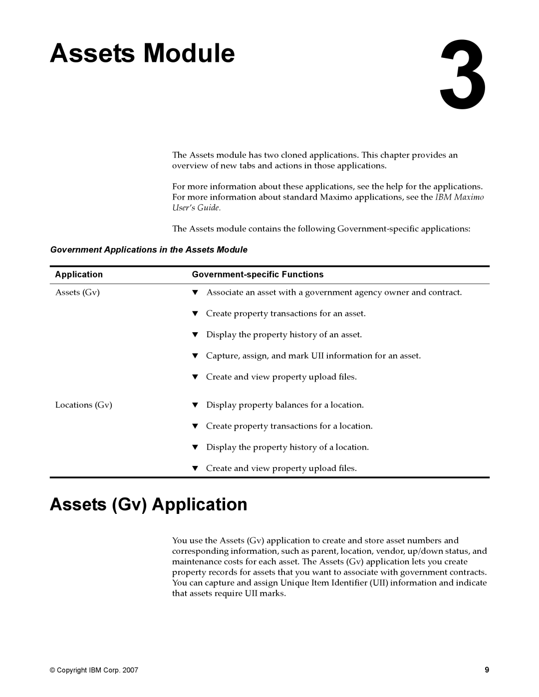 IBM SC23-8765-00 manual Assets Gv Application, Government Applications in the Assets Module 