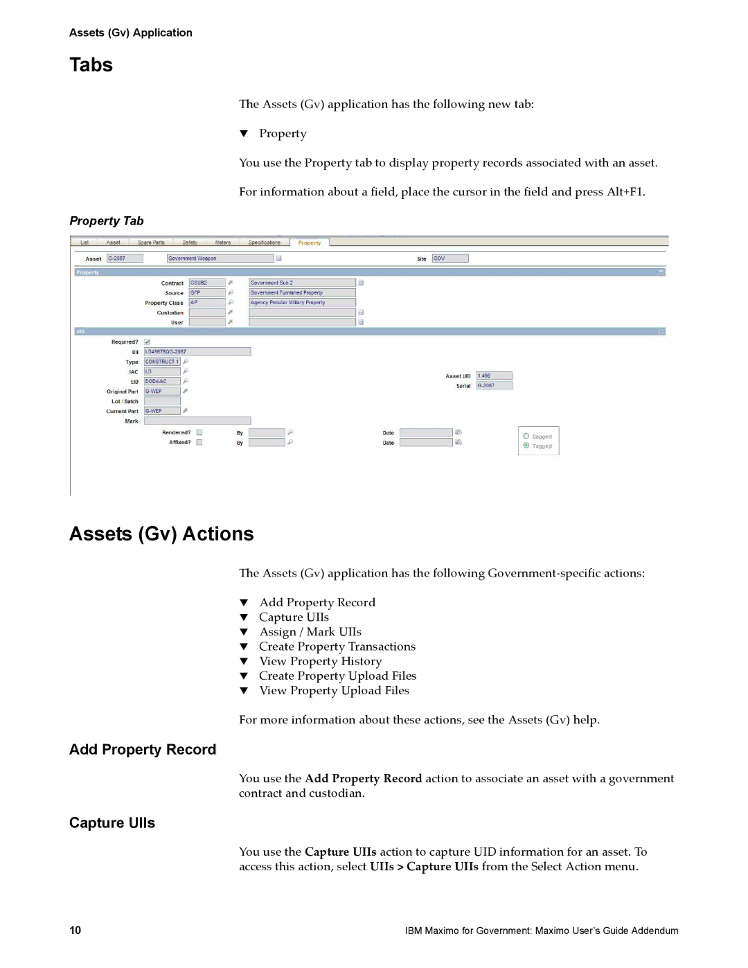 IBM SC23-8765-00 manual Assets Gv Actions, Add Property Record, Capture UIIs, Property Tab 