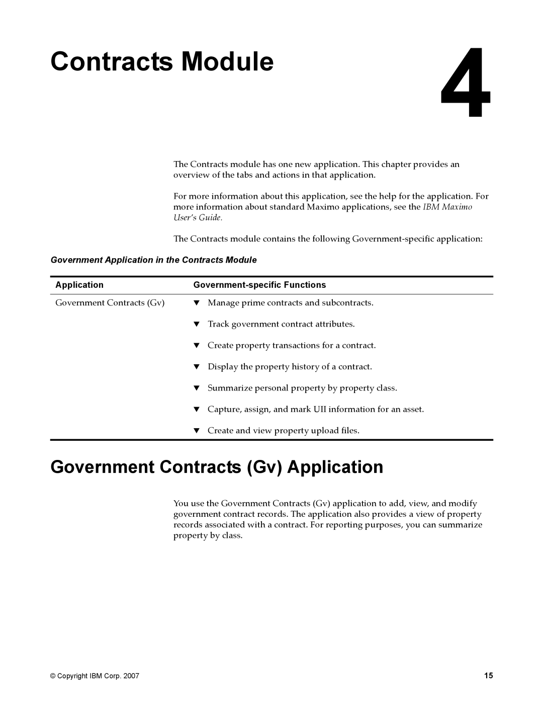 IBM SC23-8765-00 manual Government Contracts Gv Application, Government Application in the Contracts Module 