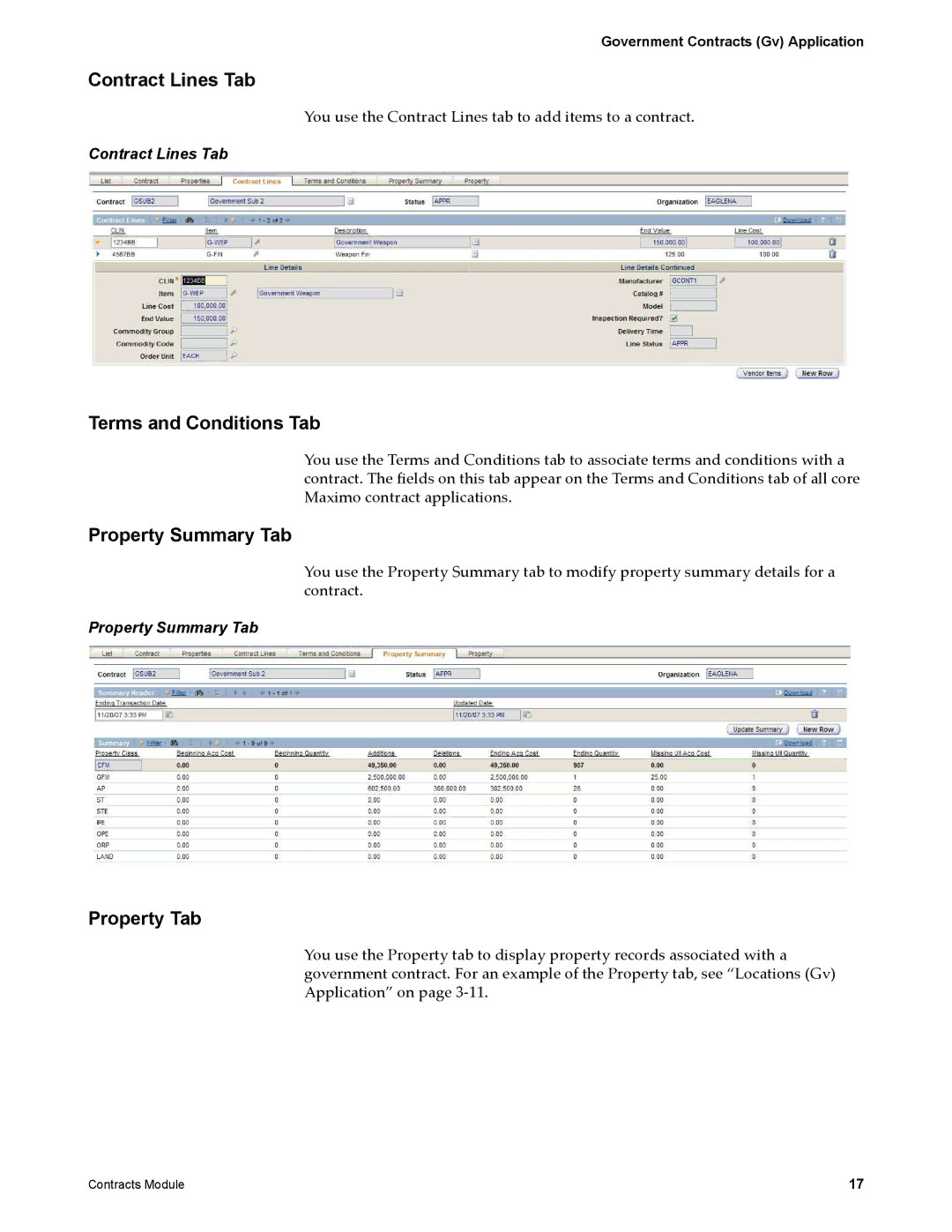 IBM SC23-8765-00 manual Contract Lines Tab, Terms and Conditions Tab, Property Summary Tab, Property Tab 