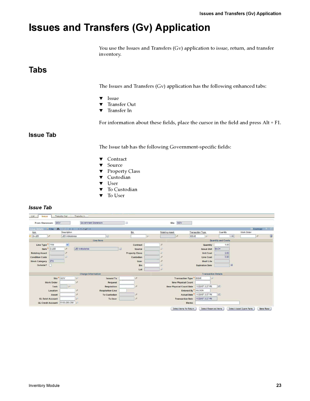 IBM SC23-8765-00 manual Issues and Transfers Gv Application, Issue Tab 