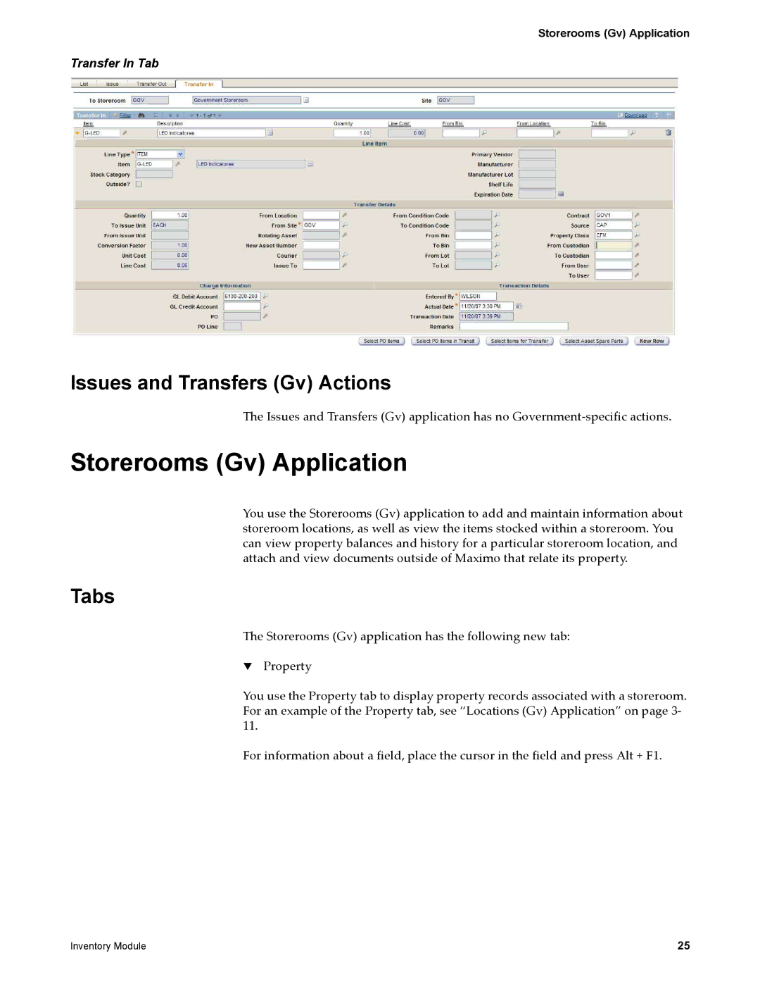 IBM SC23-8765-00 manual Storerooms Gv Application, Issues and Transfers Gv Actions, Transfer In Tab 